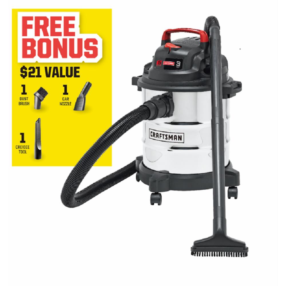Craftsman 5 gal. 3 HP Wet/Dry Vac Set with 3 pc. Car Cleaning Kit - Stainless Steel