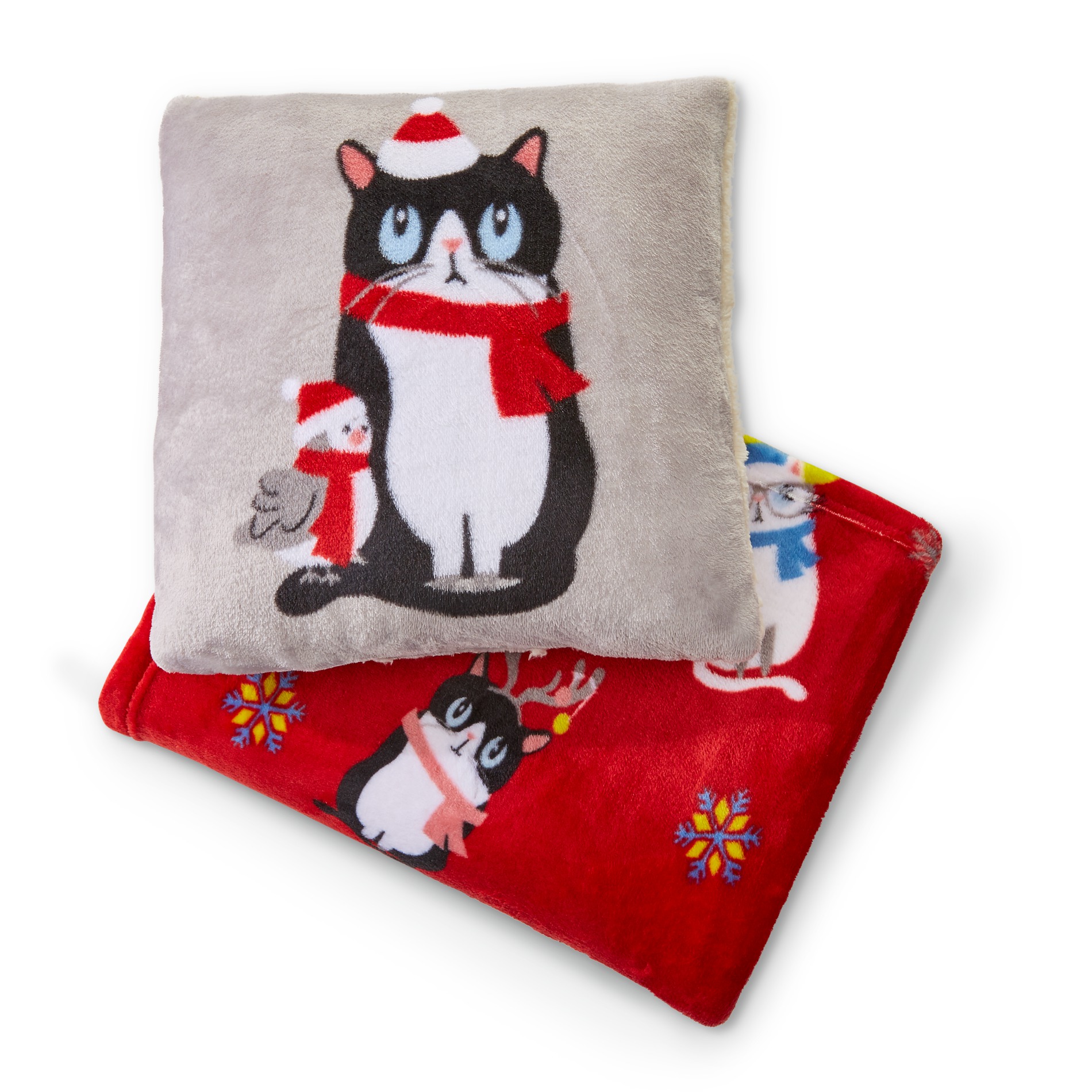 Essential Home Plush Throw & Pillow Set - Christmas Cats