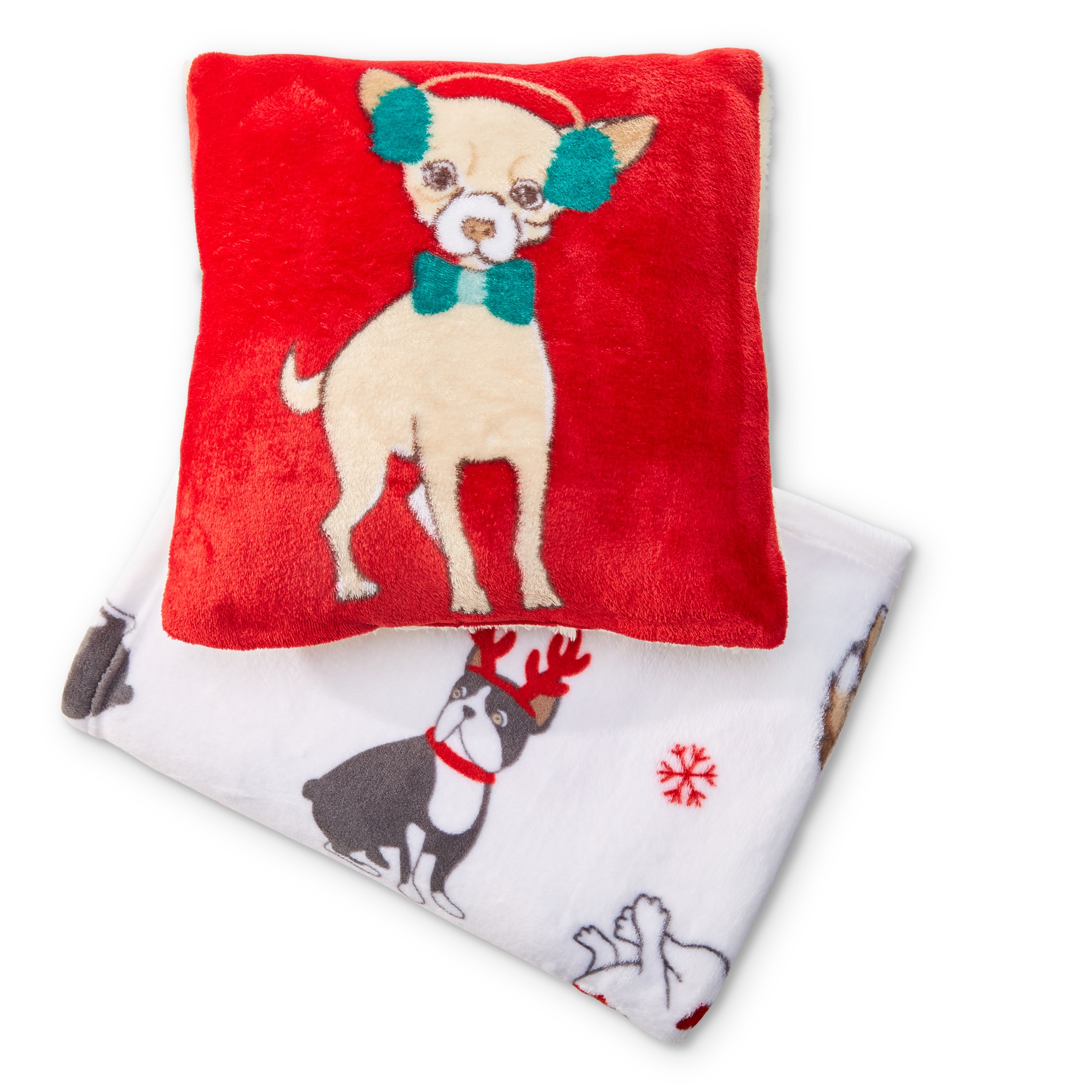 Essential Home Plush Throw & Pillow Set - Winter Dogs