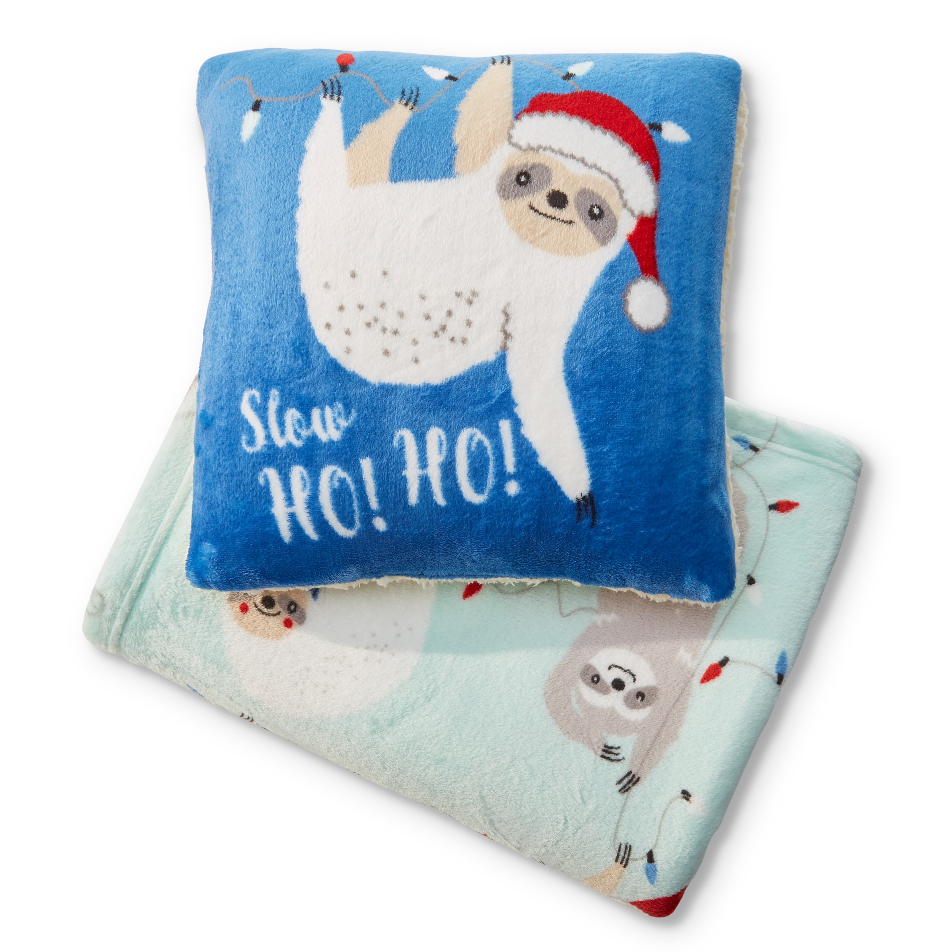 Essential Home Plush Throw & Pillow Set - Christmas Sloth
