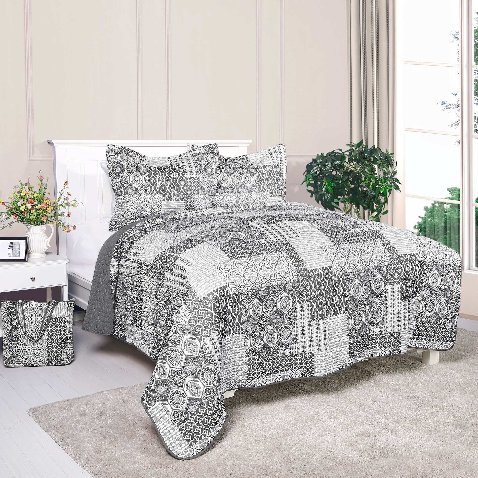 Essential Home Farmhouse Quilt And Tote Set - Gray