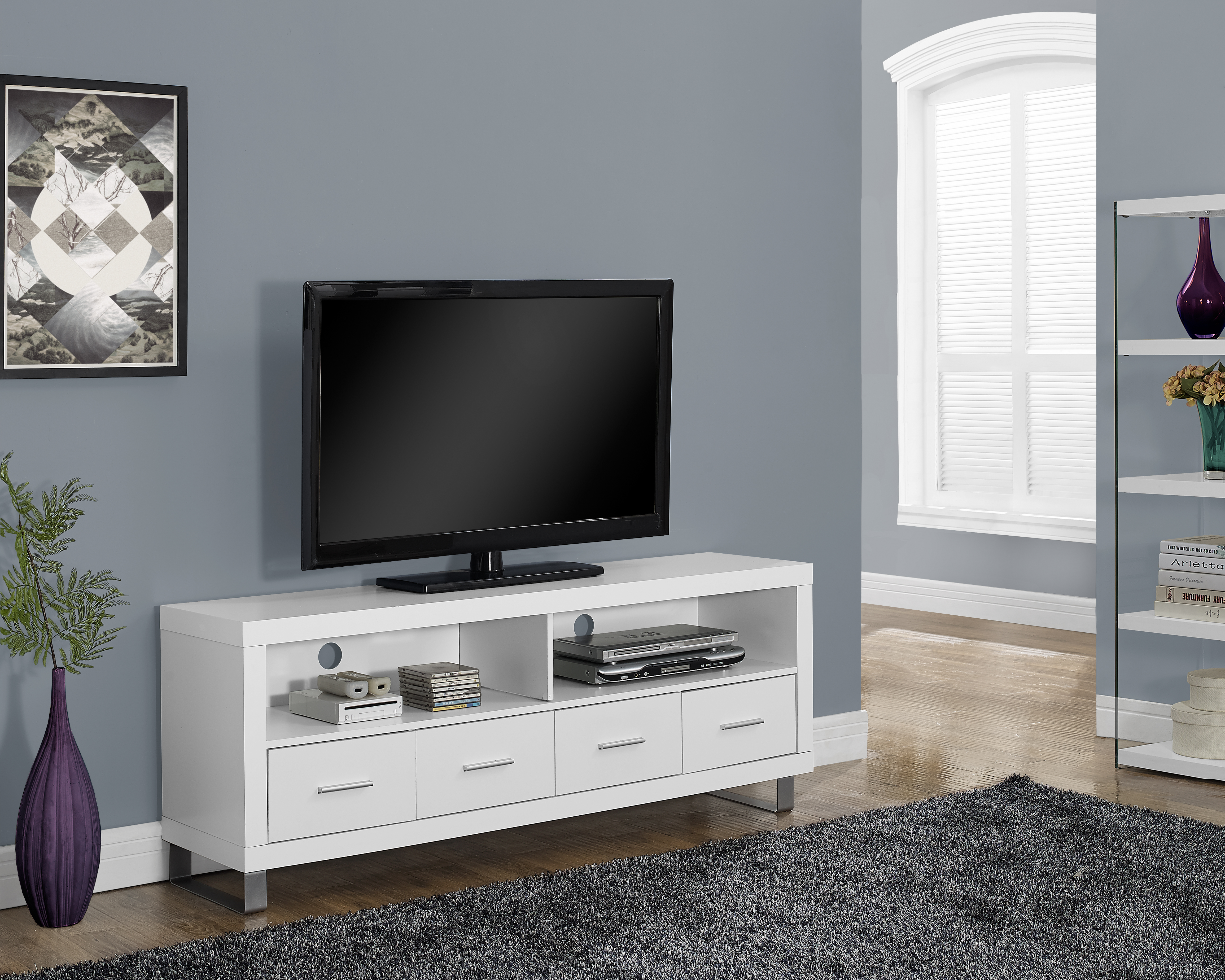 Monarch Specialties TV STAND 60"L / WHITE WITH 4 DRAWERS