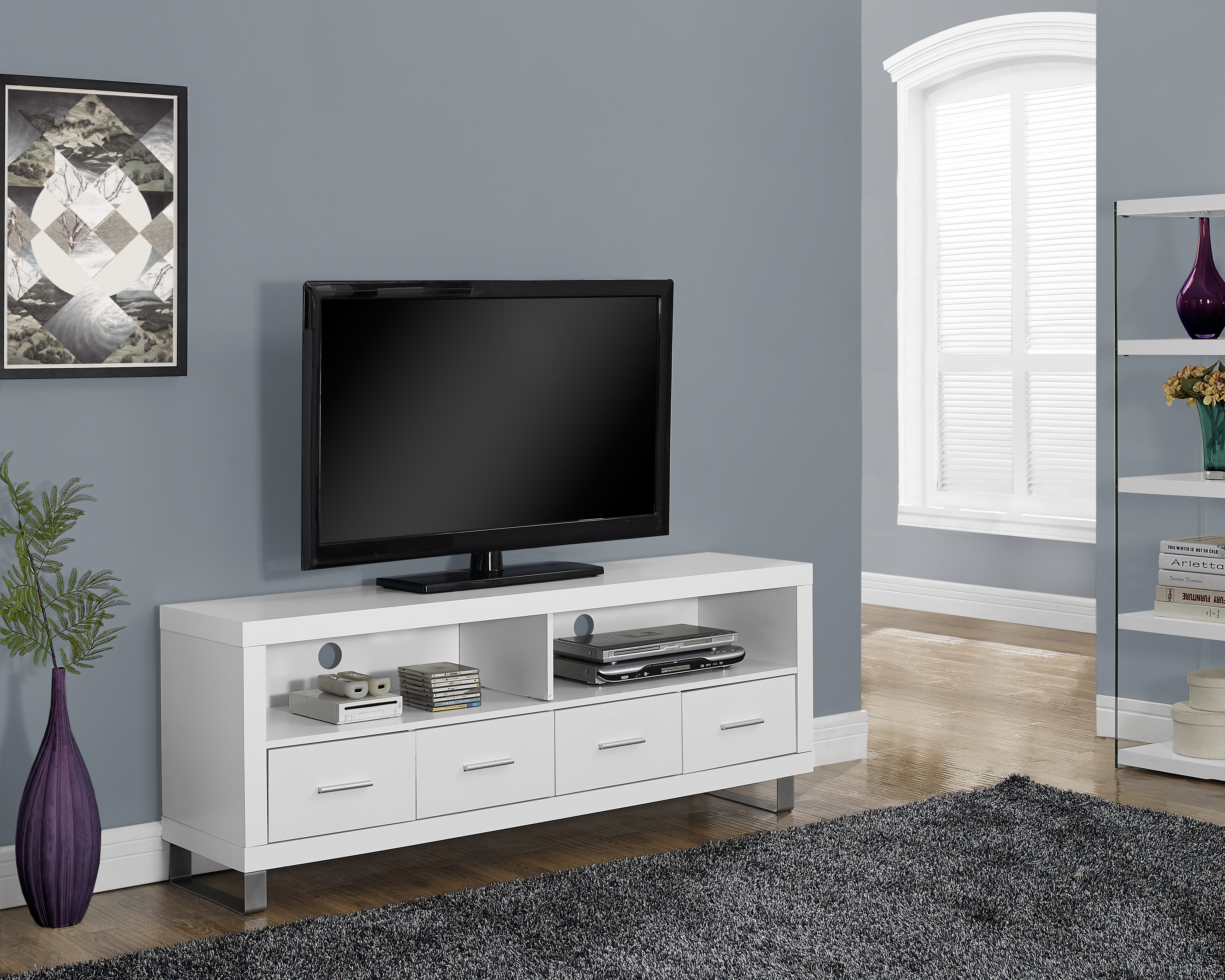 Monarch Specialties TV  STAND 60 L WHITE  WITH 4 DRAWERS Monarch Specialties TV  STAND 60 L WHITE  WITH 4 DRAWERS