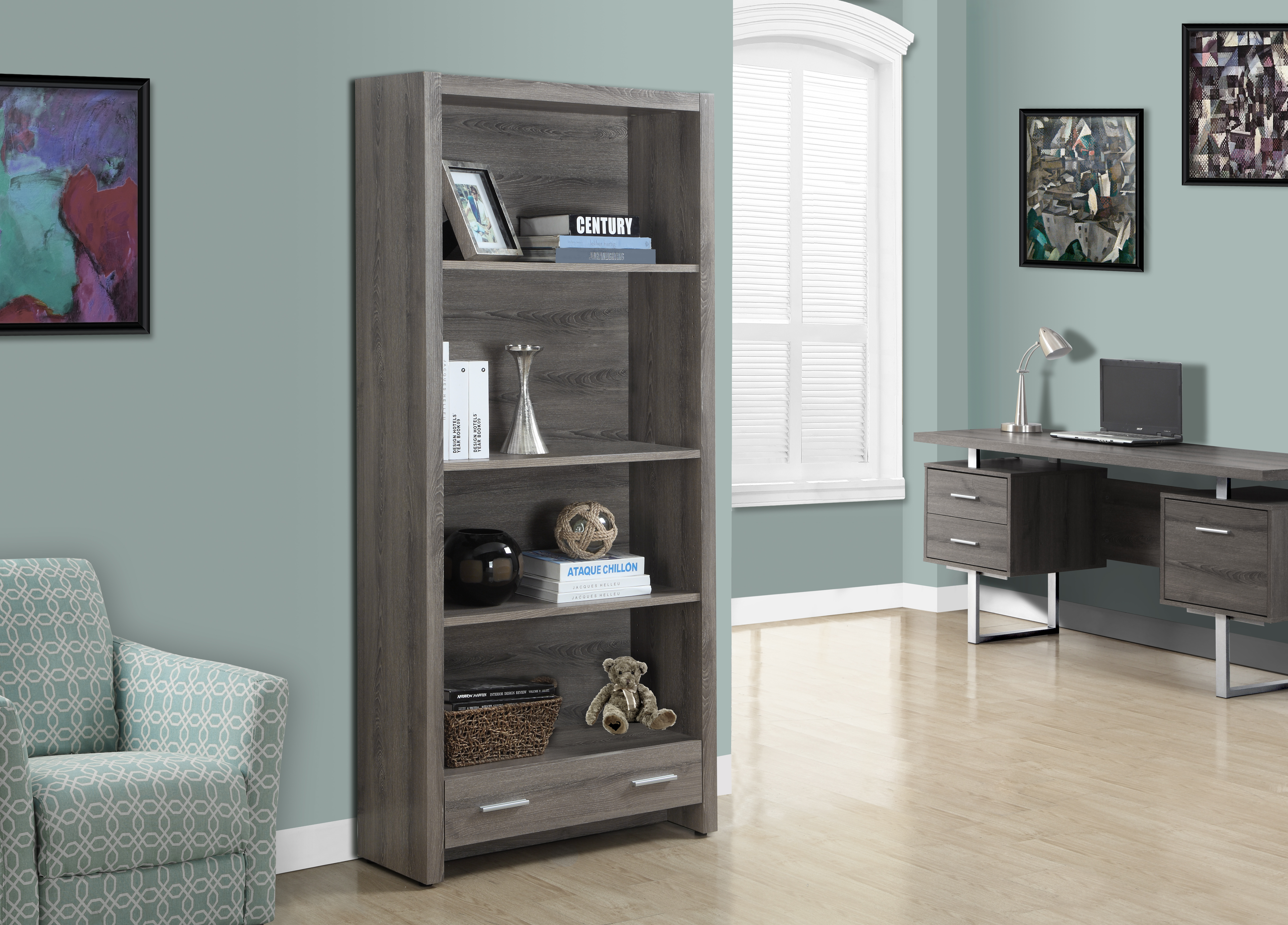 Monarch Specialties Dark Taupe Reclaimed-Look 71"H Bookcase With A Drawer