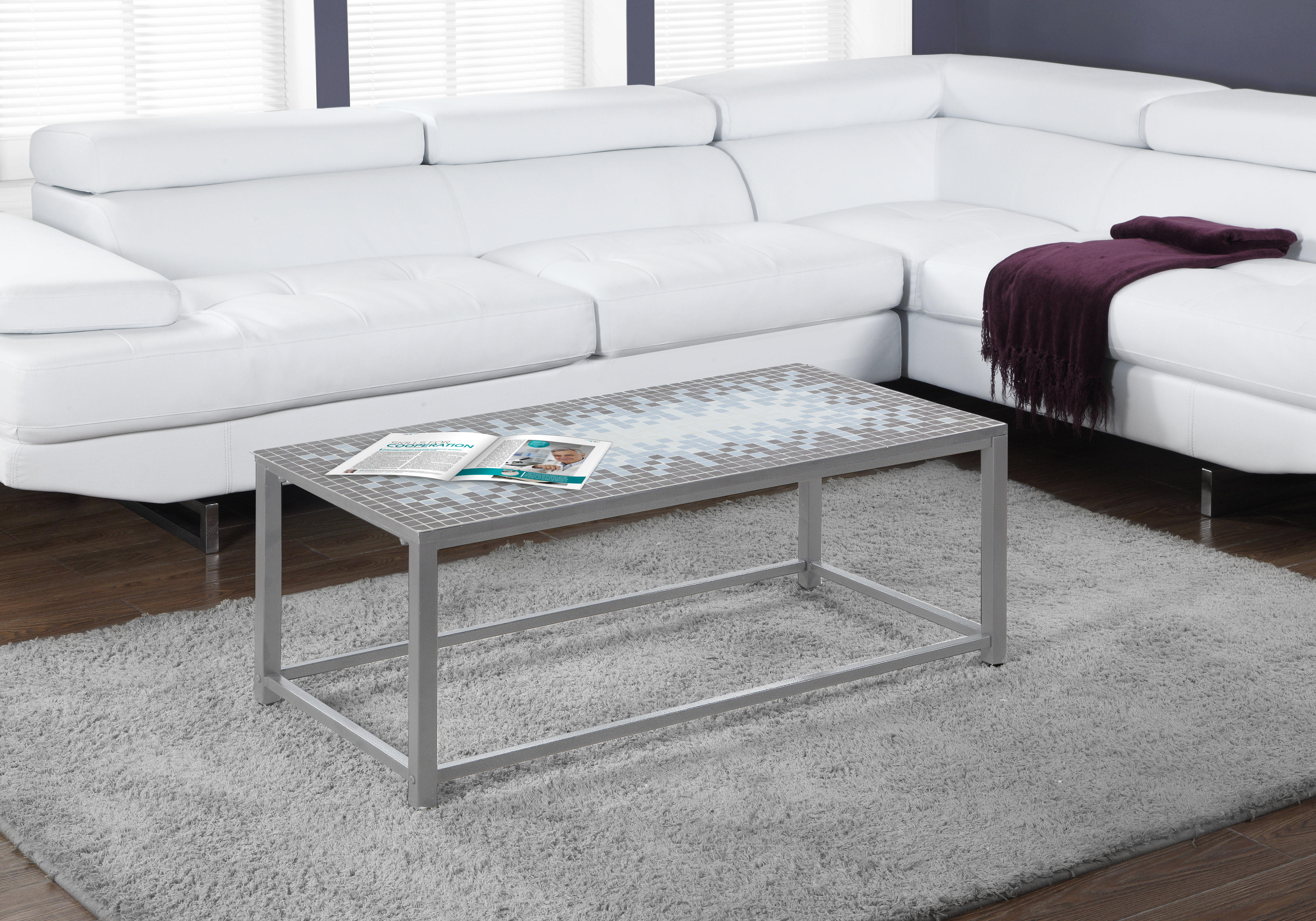 Monarch Specialties COFFEE TABLE - GREY / BLUE TILE TOP / HAMMERED SILVER