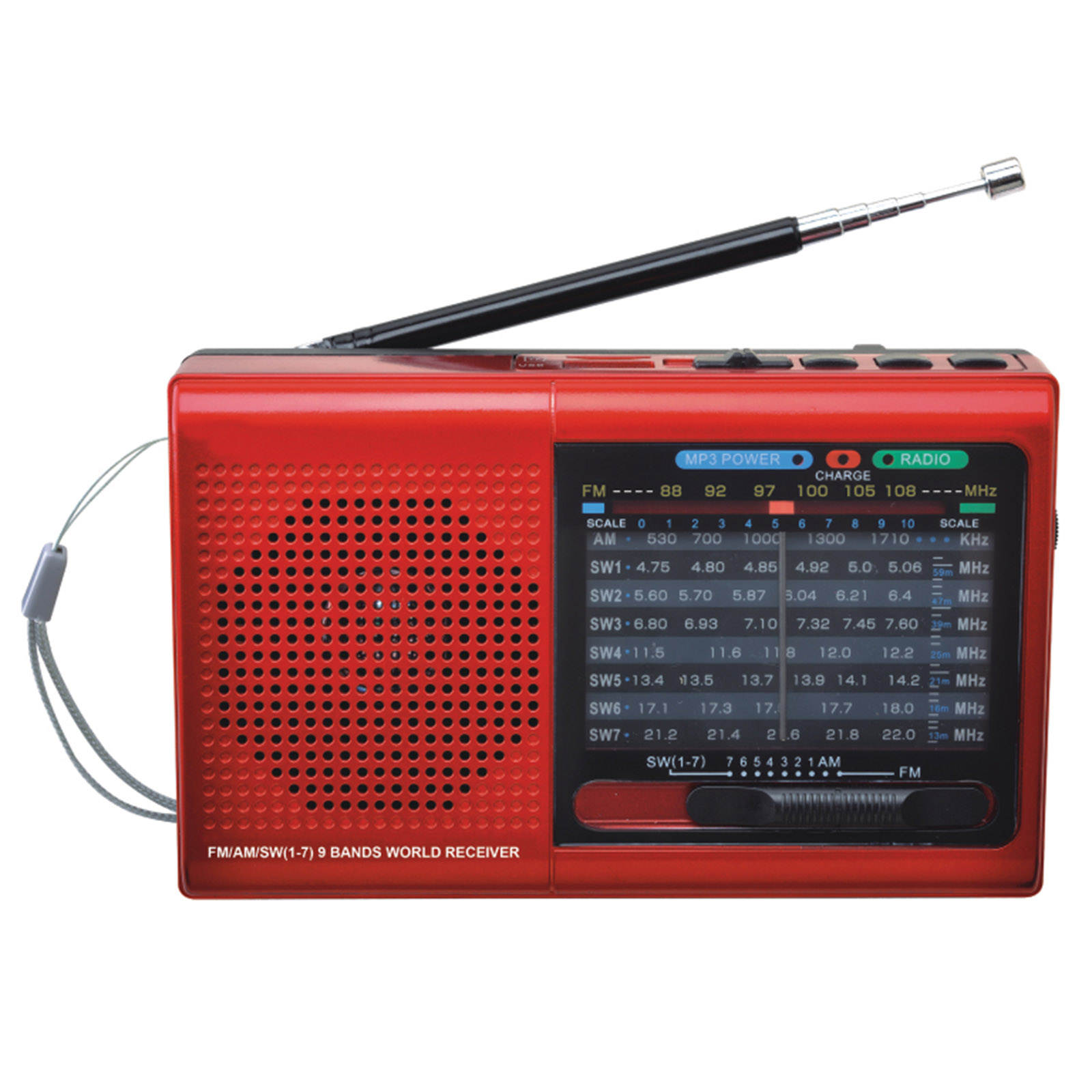 Supersonic 97098424M 9 Band Radio with Bluetooth - Red