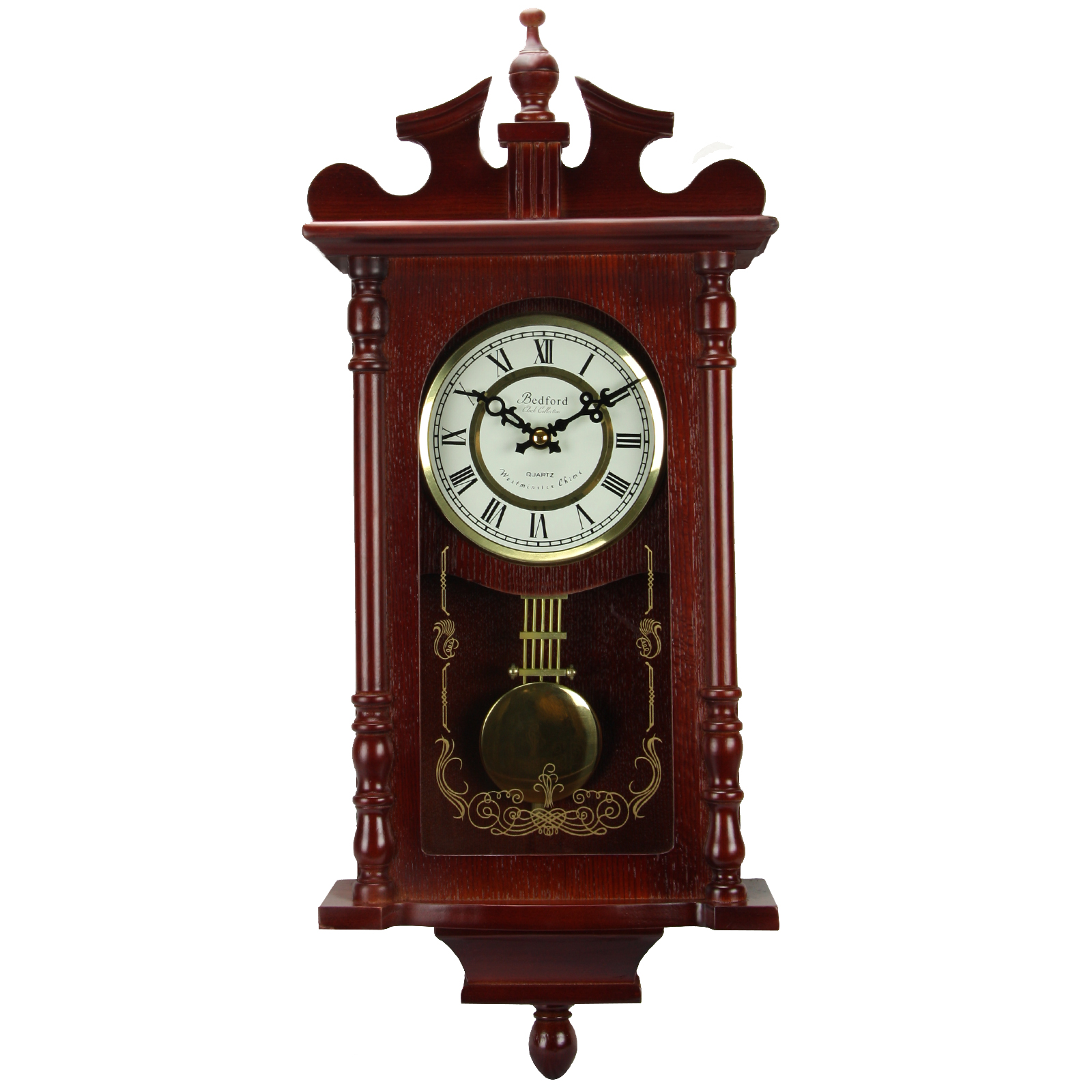 Bedford Clock Collection Redwood Wall Clock with Pendulum and Chime
