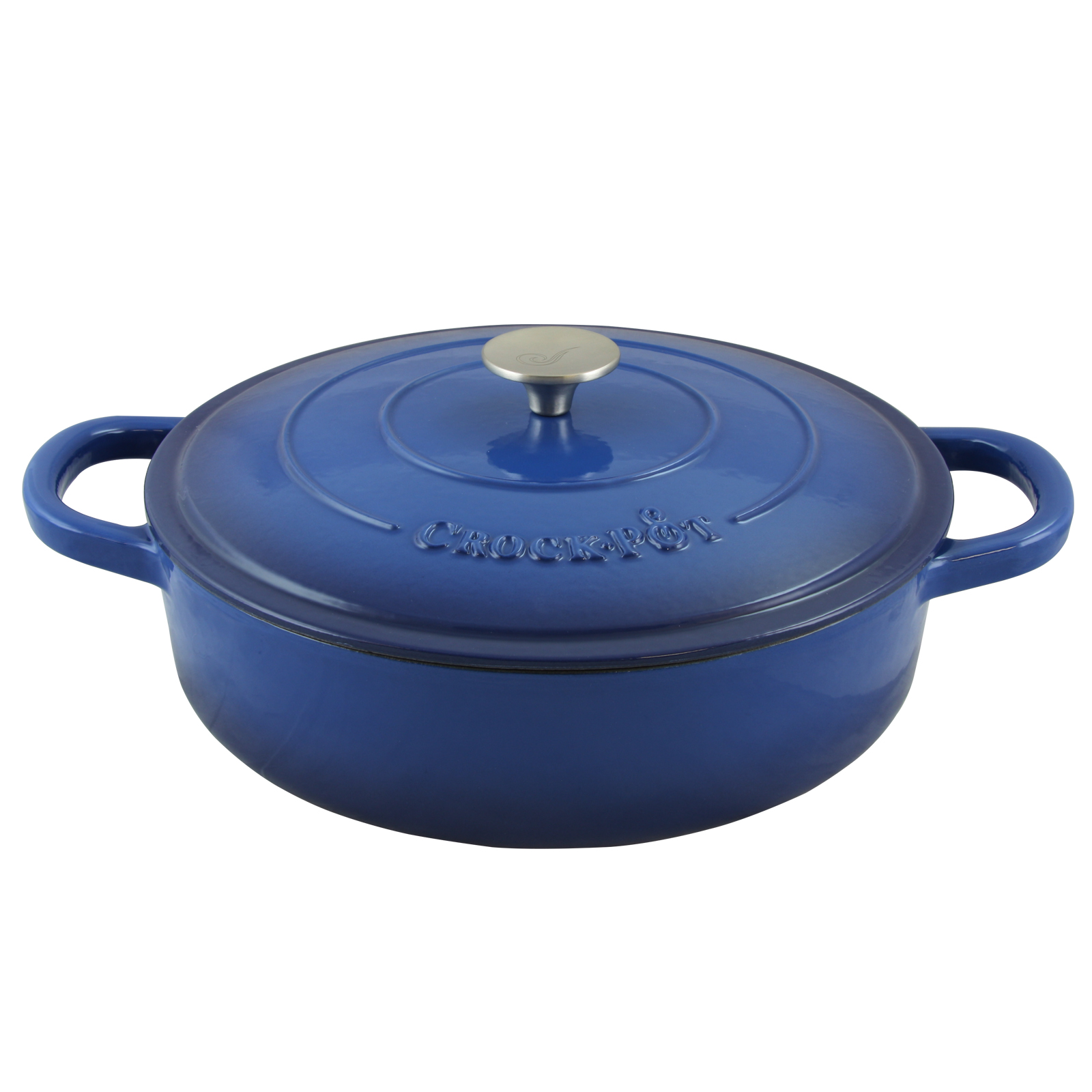 Crock-Pot. Artisan Enameled 5 Quart Cast Iron Round Braiser Pan with Self Basting Lid in Sapphire Blue