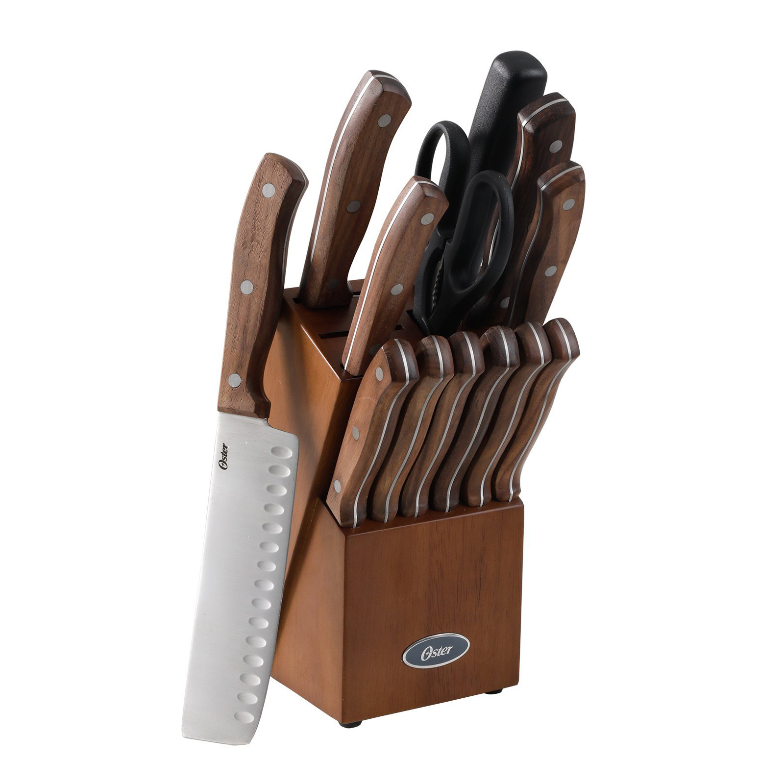 Oster Whitmore 14-Piece Cutlery Set with Black Walnut Handle and Rubber Wood Block,, Brown Oster Whitmore 14-Piece Cutlery Set with Black Walnut Handle and Rubber Wood Block,, Brown