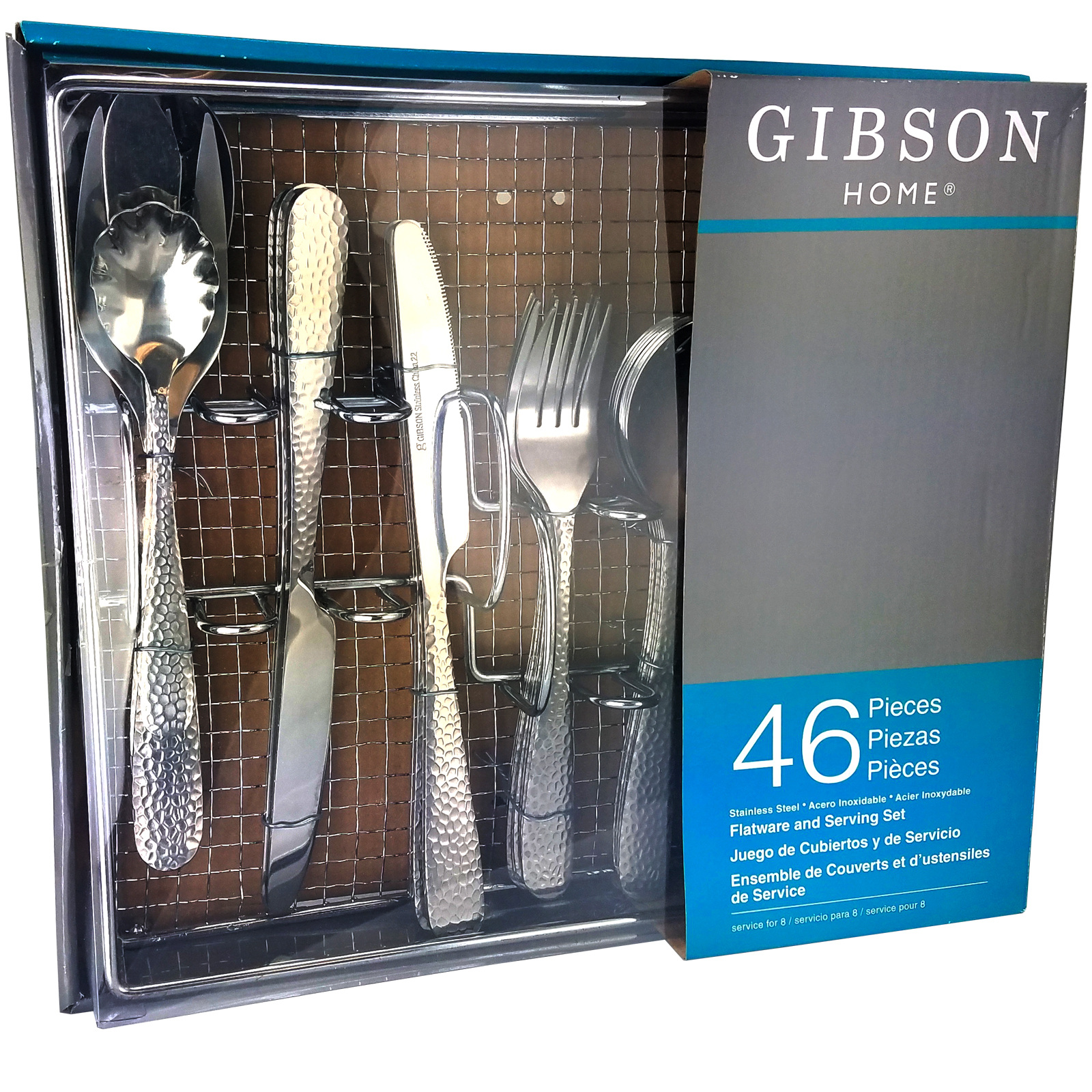 Gibson Home Hammered 46 Piece Flatware Set with Wire Caddy
