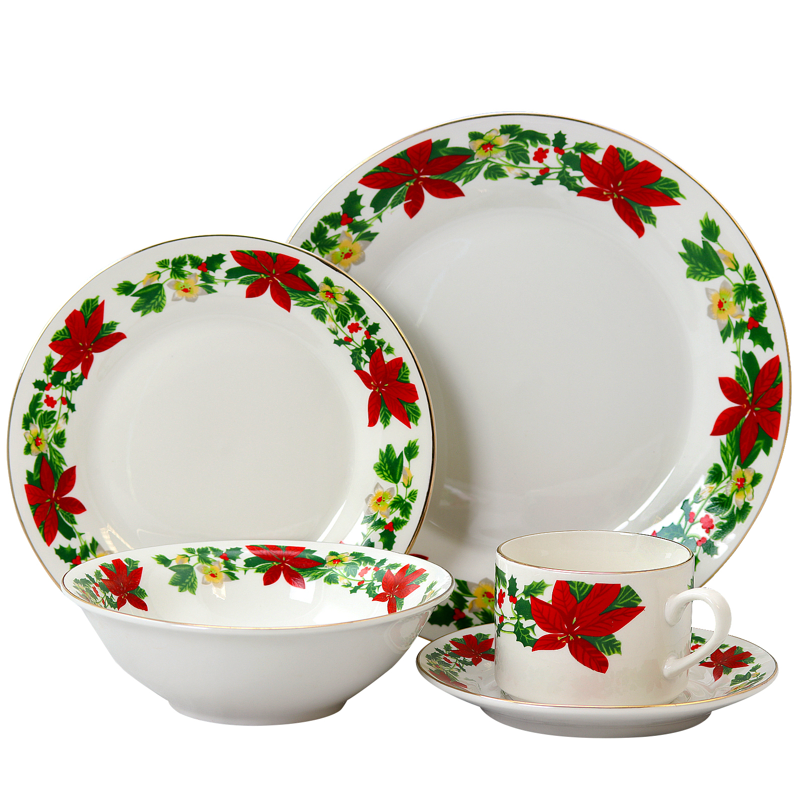 Gibson Home Poinsettia Holiday 20-Piece Dinnerware Set , Decorated Rim