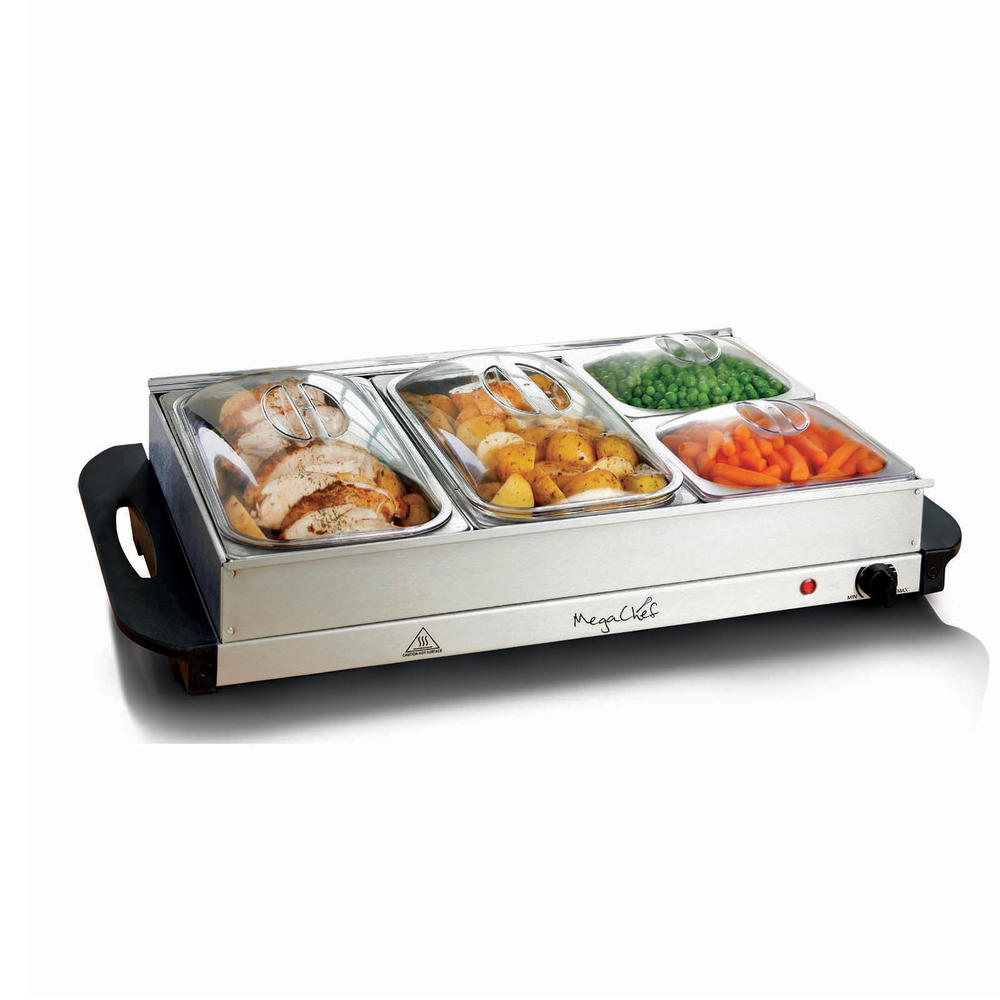 MegaChef 970103785M Buffet Server & Food Warmer With 4 Removable Sectional Trays , Heated Warming Tray and Removable Tray Frame