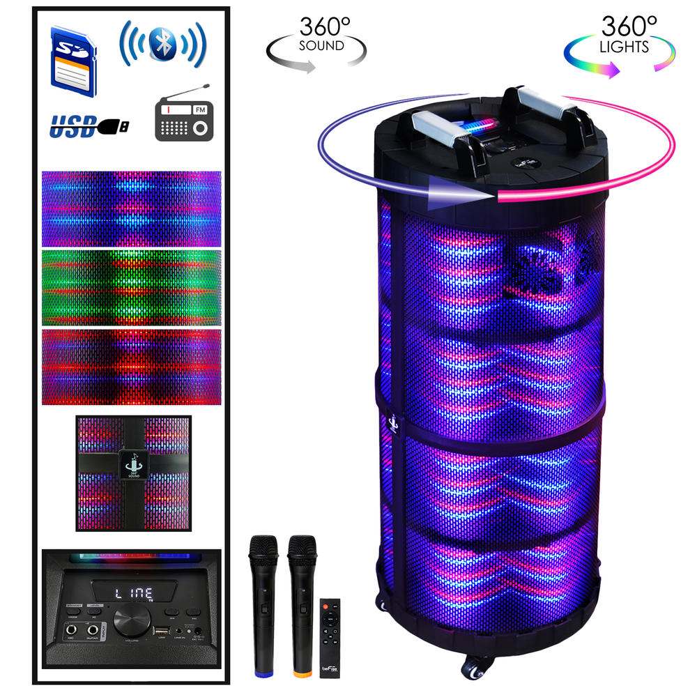 Befree Sound 970103921M Rechargeable  Bluetooth Portable Party Speaker With 360 Degree Sound Reactive LED Lights and 2 Wireless Microphones