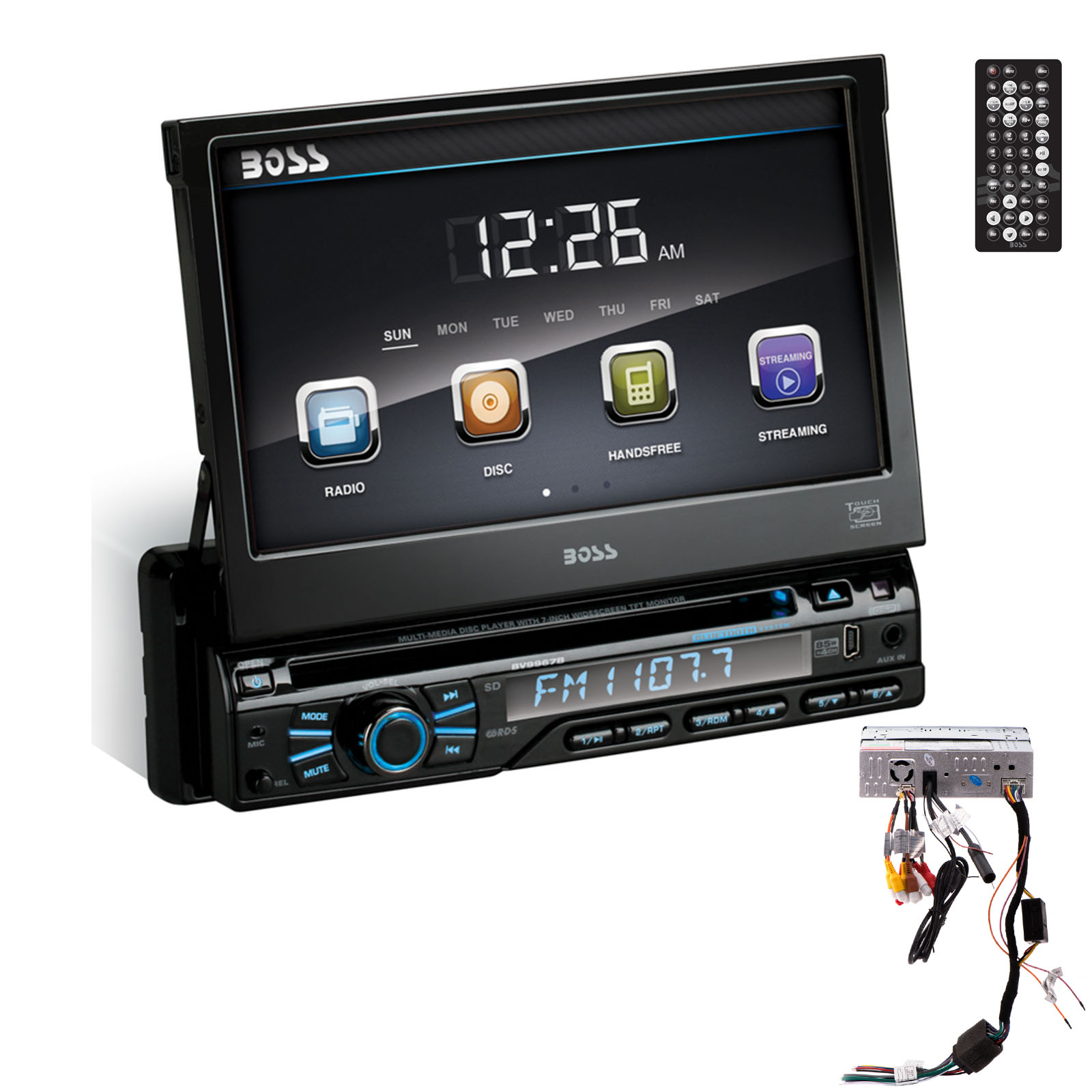 Boss Single Din 7 Motorized Touchscreen Monitor, DVD//CD AM/FM