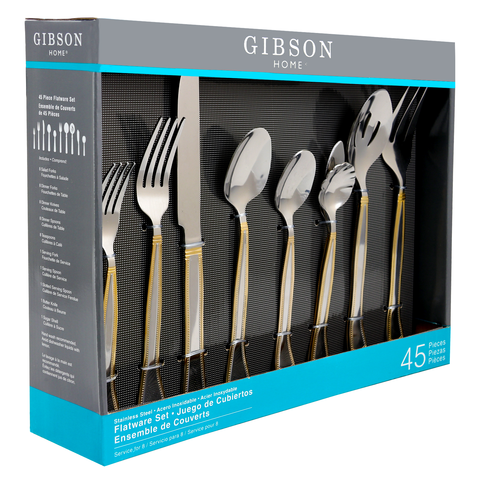 Gibson Home Grand Abby 45 Piece Flatware Set with Gold Accent Handle