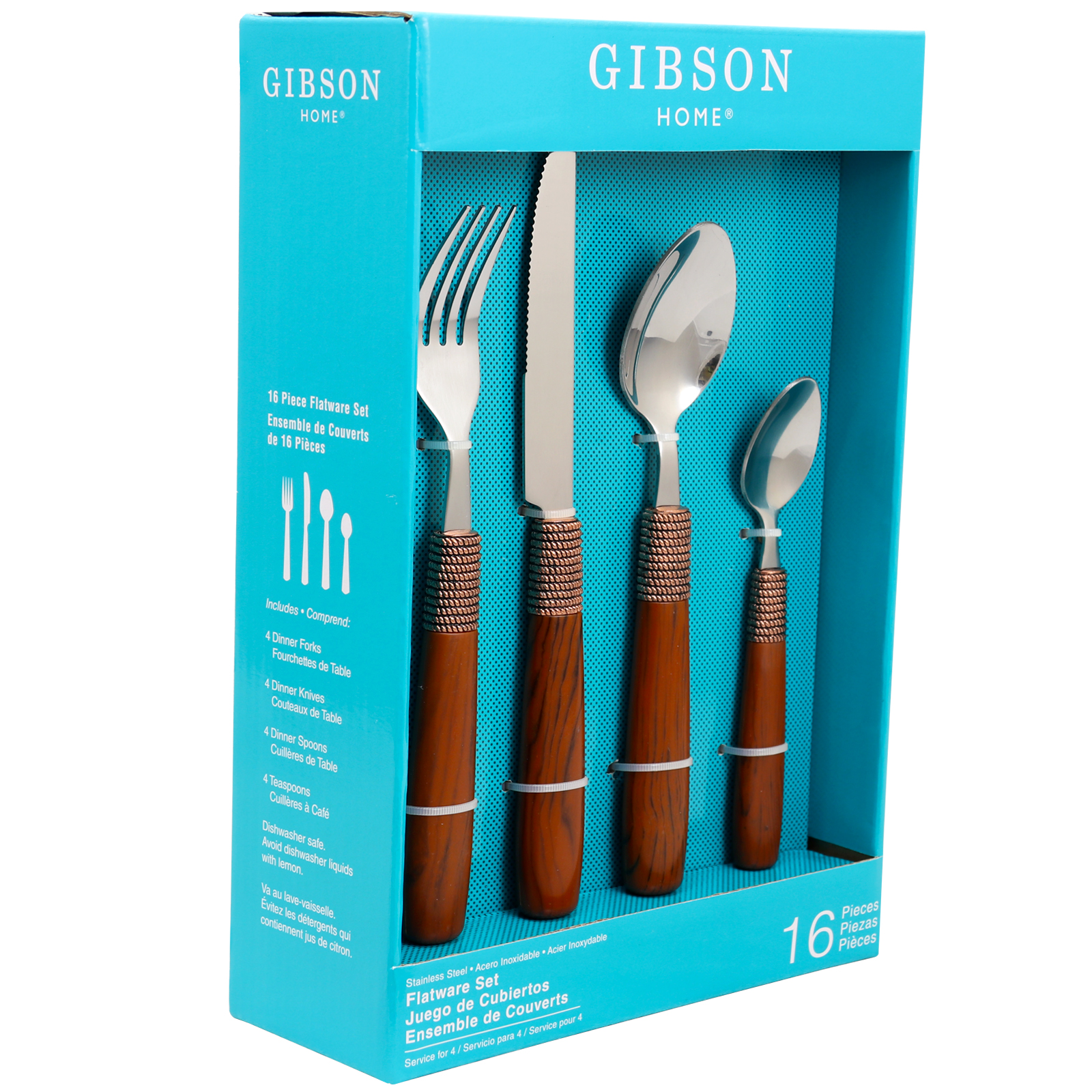 Gibson Home Wood Scroll 16 piece Flatware Set with Wood Handle