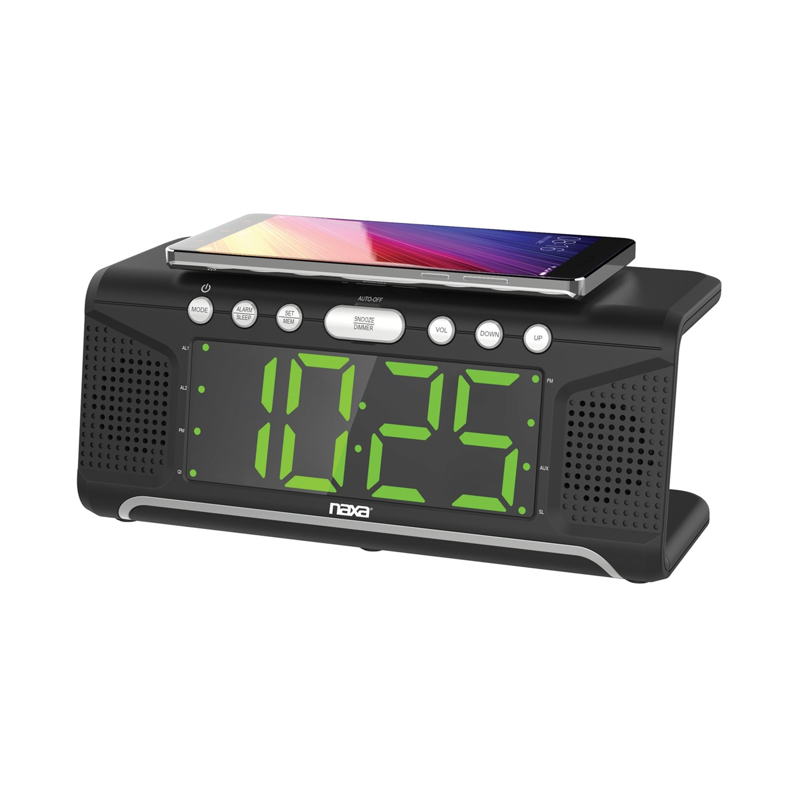 Naxa 970104891M Dual Alarm Clock with Qi Wireless Charging Function
