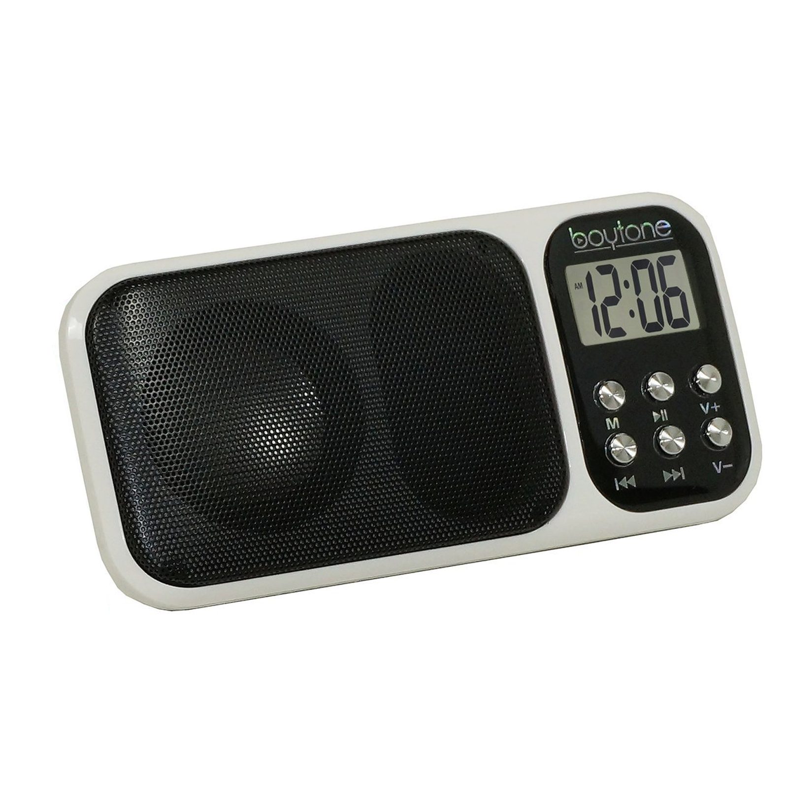 Boytone 970104928M Portable VM Transistor Clock Radio with Alarm in White, Silver/Gray Boytone 970104928M Portable VM Transistor Clock Radio with Alarm in White, Silver/Gray