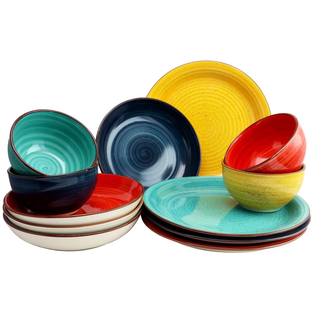 Gibson Home Color Speckle 12 Piece Mix and Match Double Bowl Dinnerware Set in 4 Assorted Colors