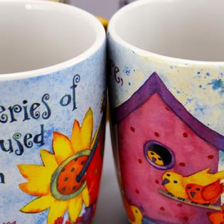 Gibson Home Birdhouse Floral 18 oz Cup Set, Set of 4 Assorted Designs