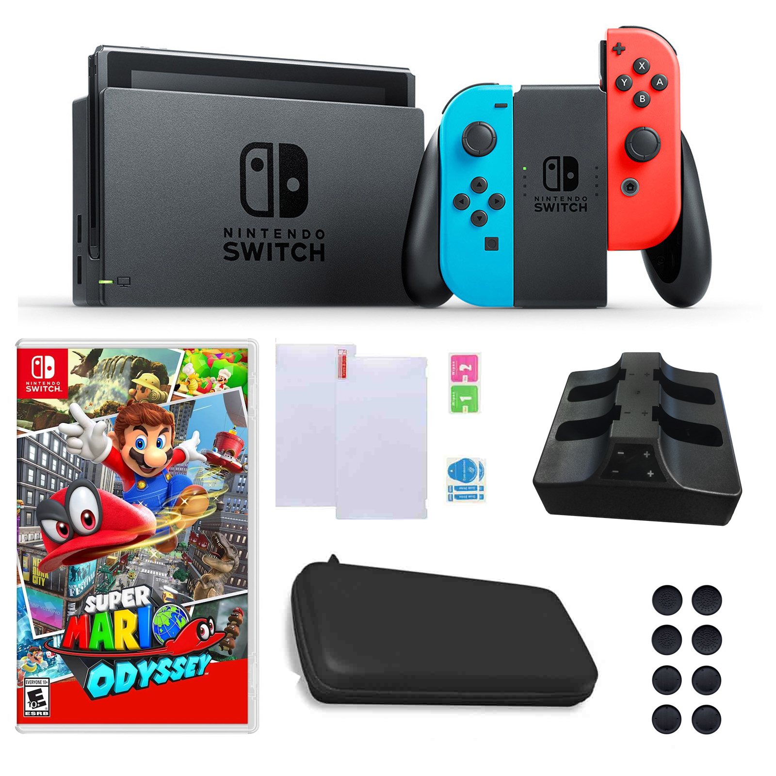 Nintendo  Switch in Neon with Mario Odyssey Game and Accessories Bundle