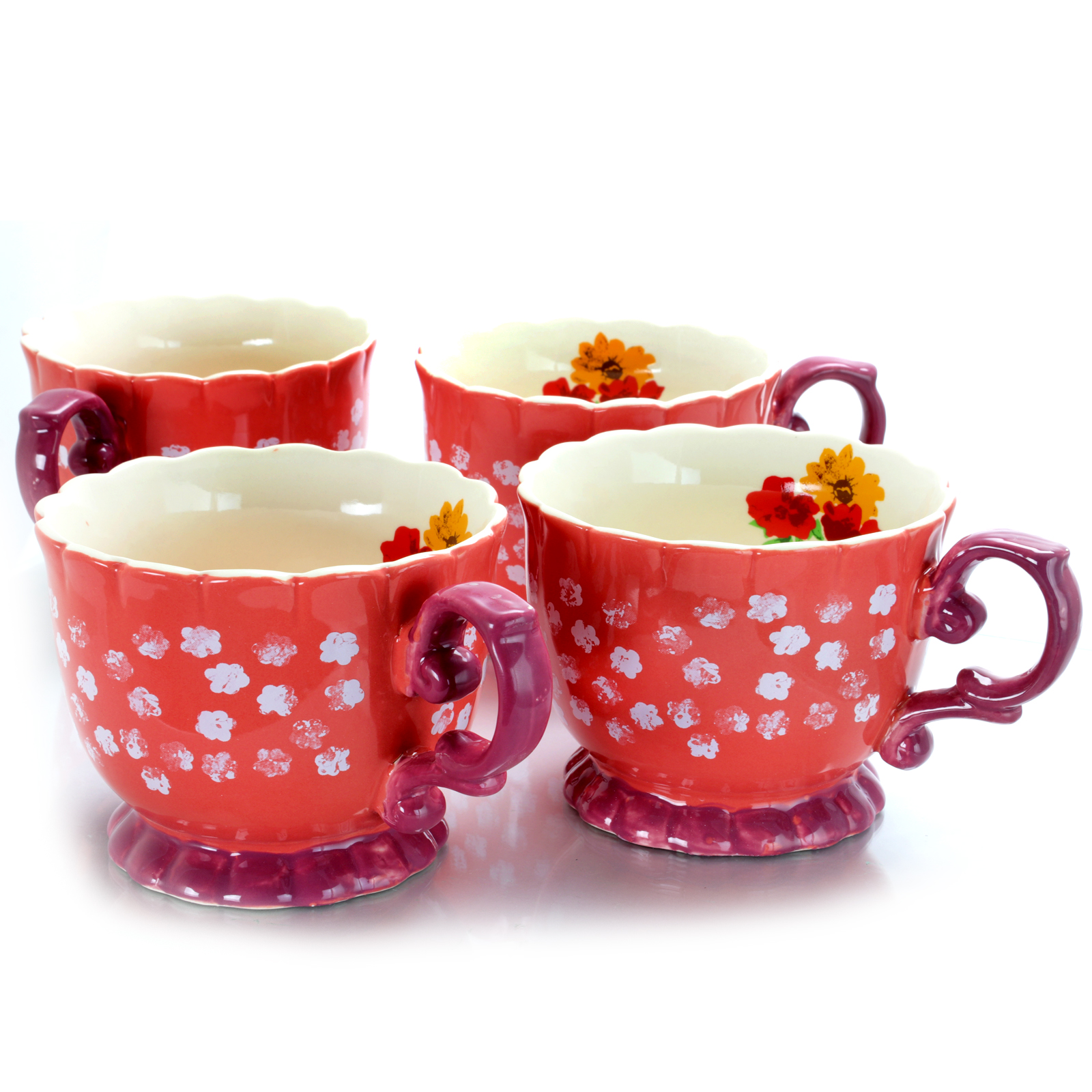 Urban Market Life On The Farm 20 oz Footed Tea Cup, Coral Ditzy Floral Design Set of 4