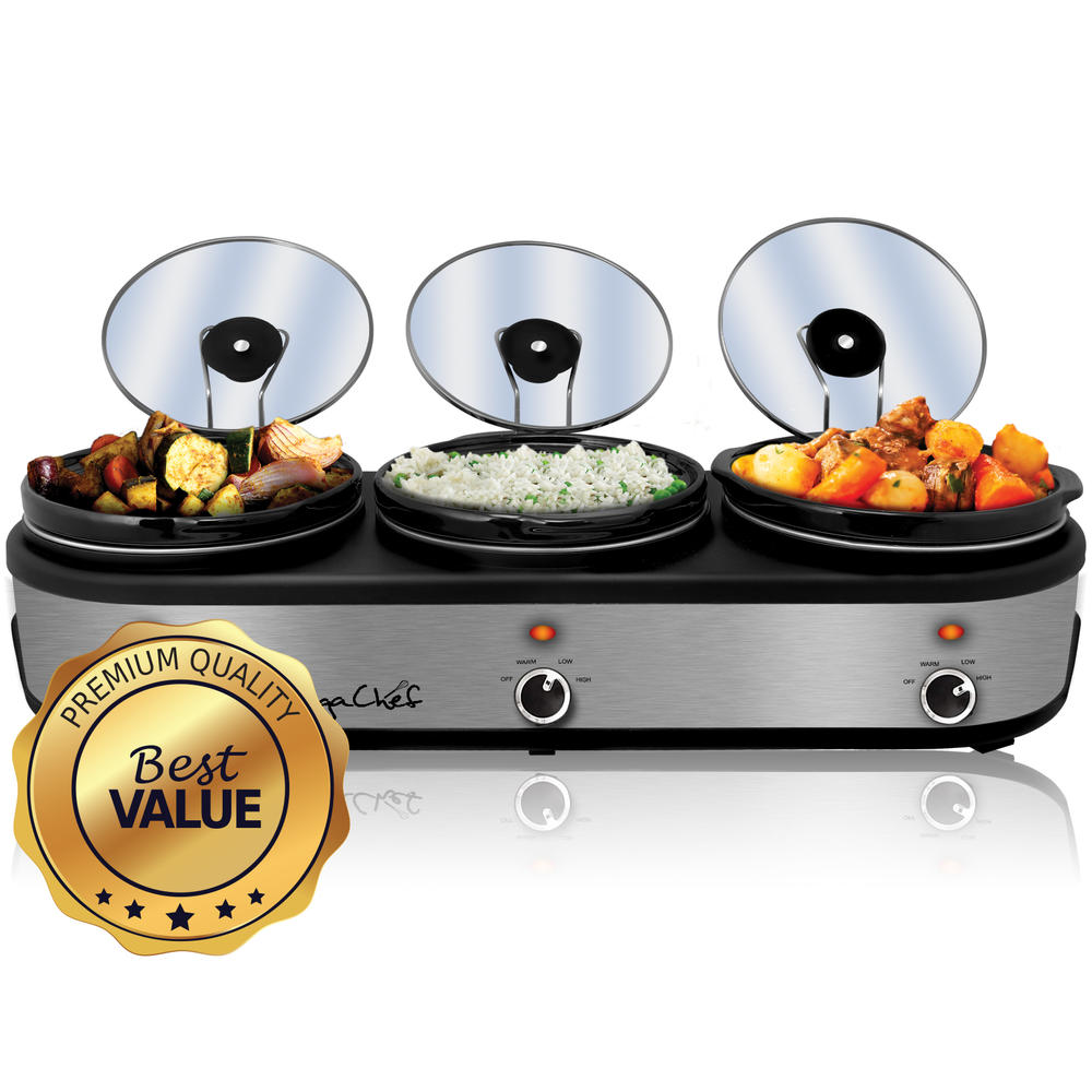MegaChef 970109458M Triple 2.5 Quart Slow Cooker and Buffet Server in Brushed Silver and Black Finish