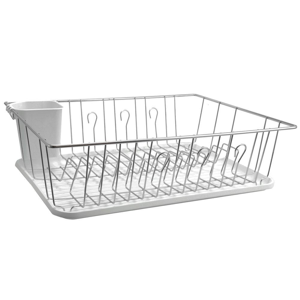 MegaChef 17.5 Inch White Single Level Dish Rack with 14 Plate Positioners and a Detachable Utensil Holder