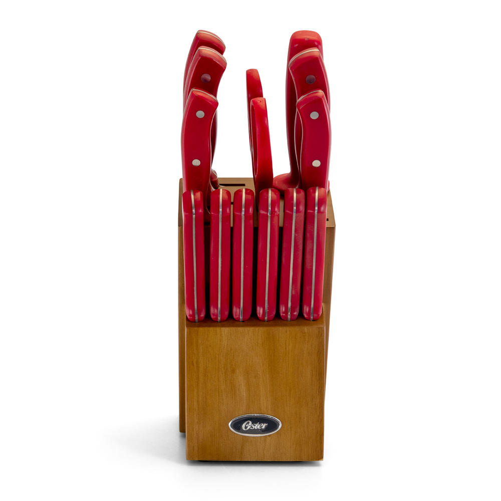 Oster Evansville 14 Piece Stainless Steel Cutlery Set in Red Plastic Handle and Brown Rubber Wood Block
