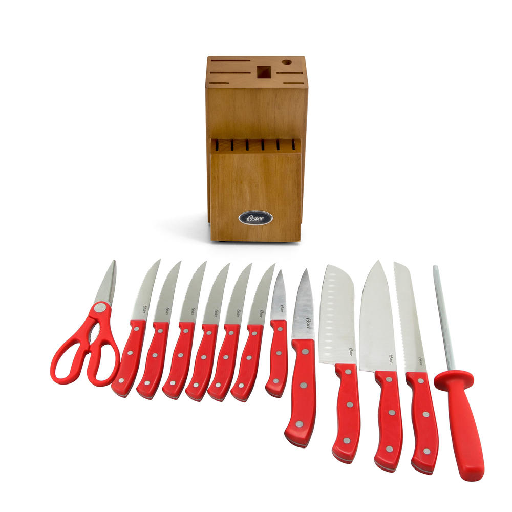 Oster Evansville 14 Piece Stainless Steel Cutlery Set in Red Plastic Handle and Brown Rubber Wood Block