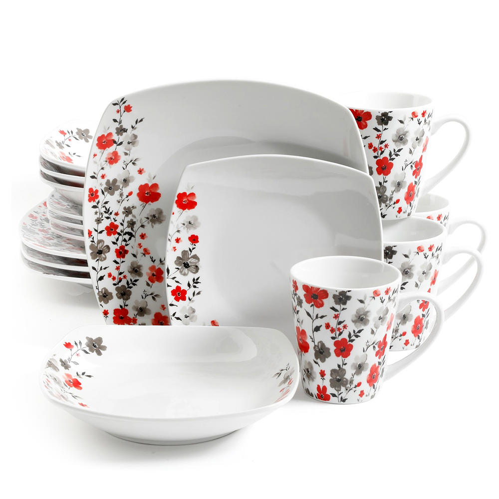 Gibson Home Gibson Rosetta Floral 16pc Dinnerware Set, Soft Square
