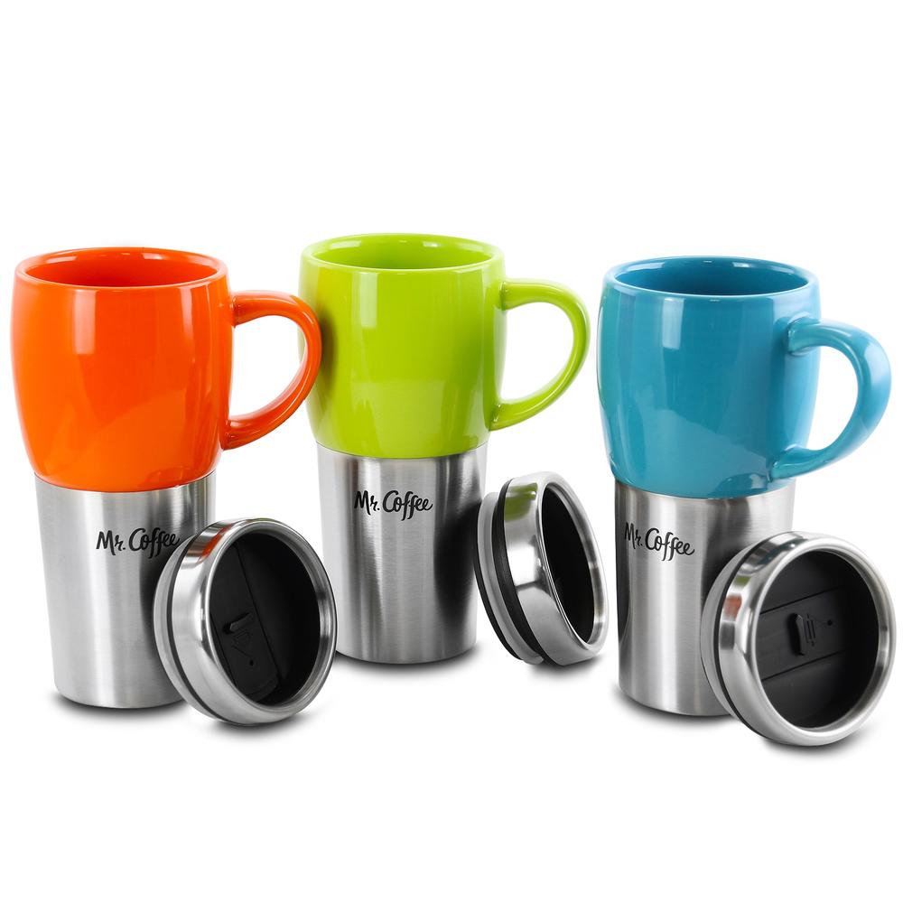 Mr. Coffee  Traverse 3 Piece 16 Ounce Stainless Steel and Ceramic Travel Mug and Lid in Red, Blue and Green
