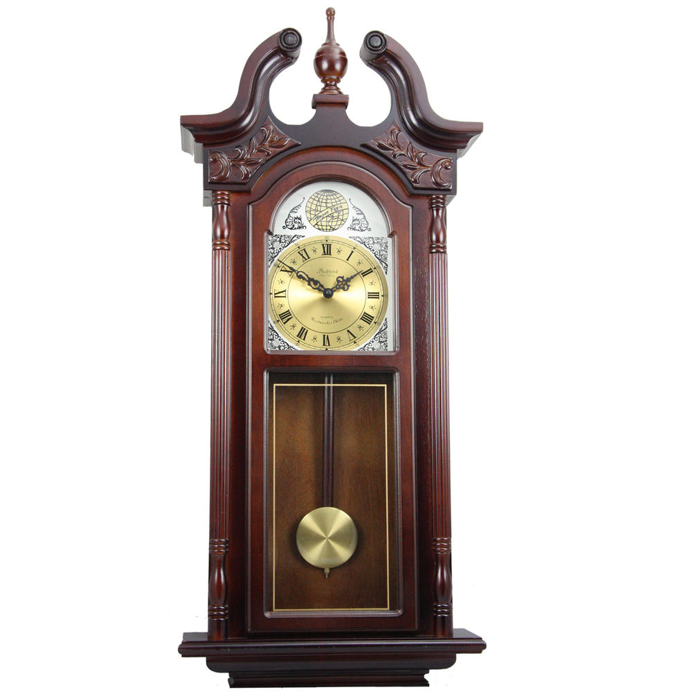 Bedford Clock Collection  38" Grand Antique Chiming Wall Clock with Roman Numerals in a in a Cherry Oak Finish
