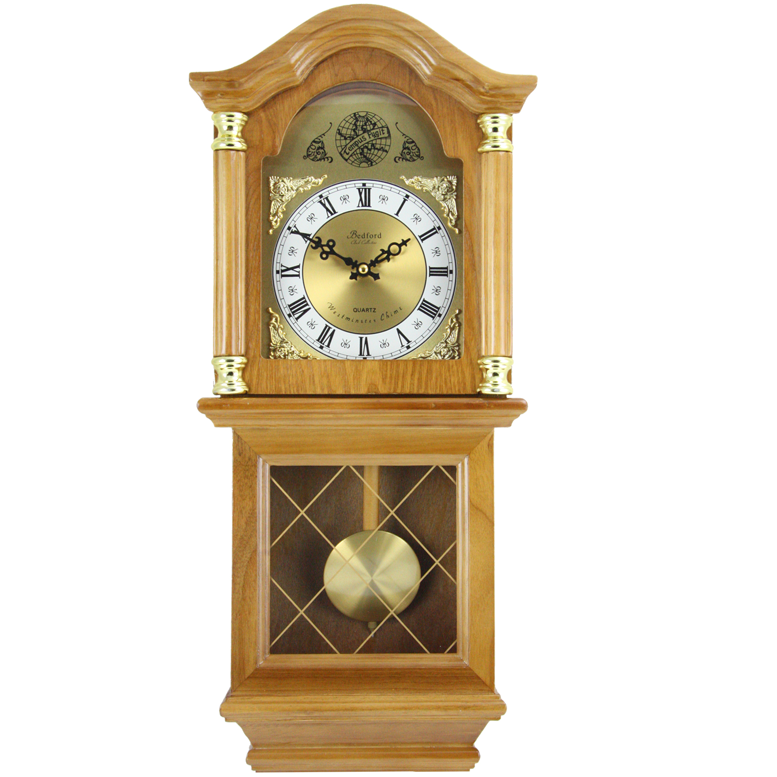 Bedford Clock Collection Classic 26" Golden Oak Chiming Wall Clock With Swinging Pendulum