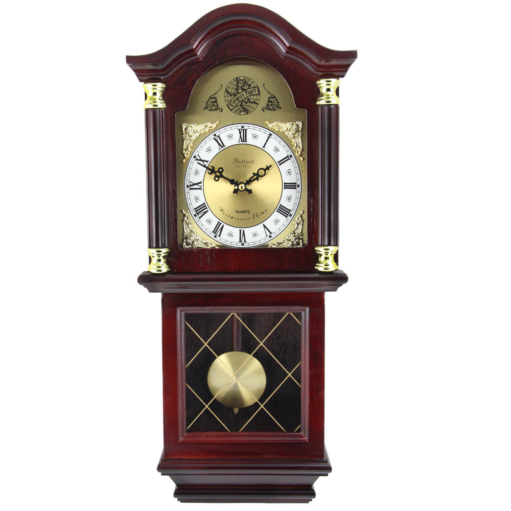 Bedford Clock Collection  26" Antique Mahogany Cherry Oak Chiming Wall Clock with Roman Numerals