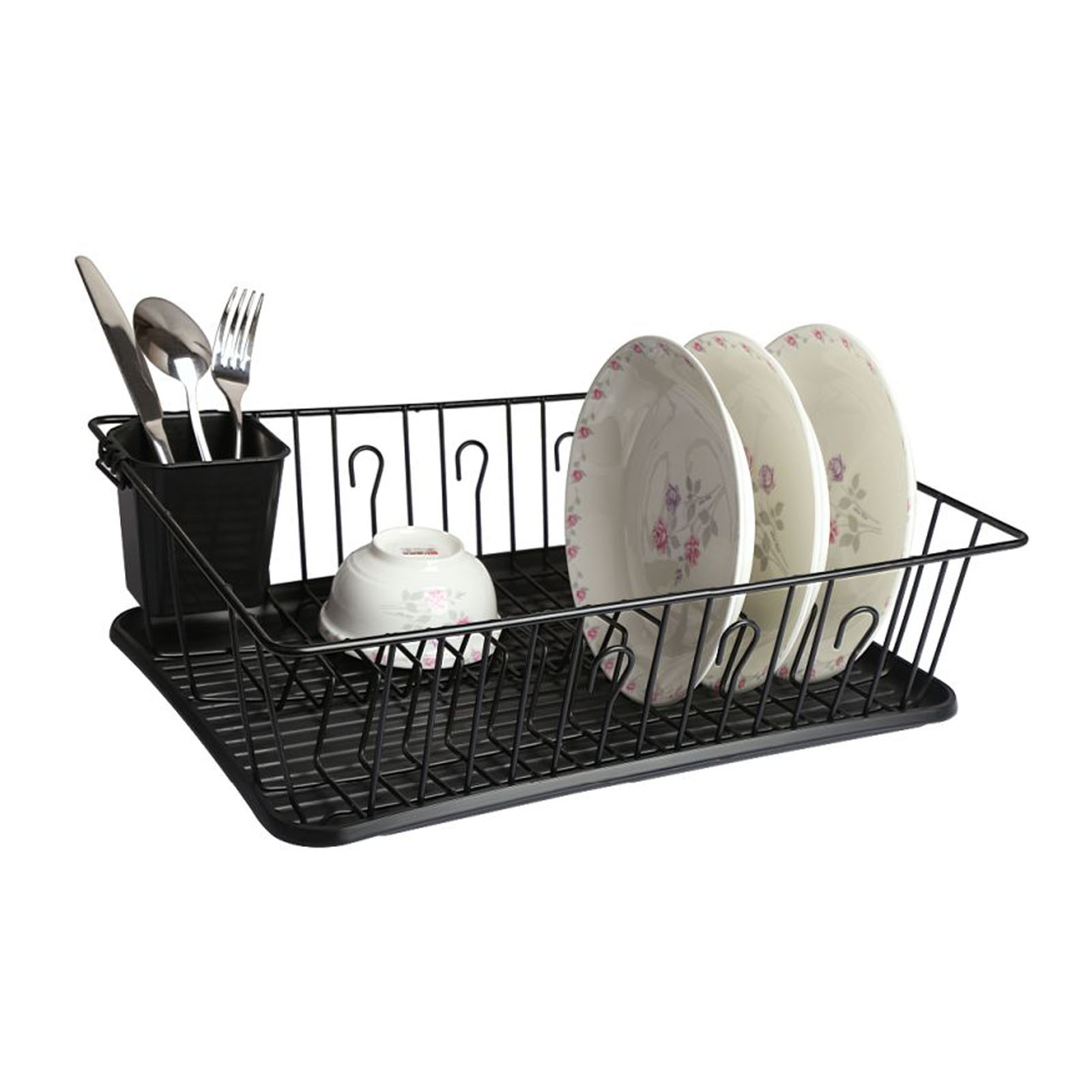 Mega Chef 17.5 Inch Black Dish Rack with 14 Plate Positioners and a Detachable Utensil Holder
