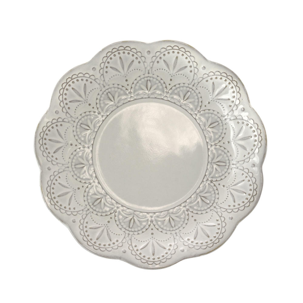Elama  White Lace 16 Piece Round Scallop Stoneware Dinnerware Set in White
