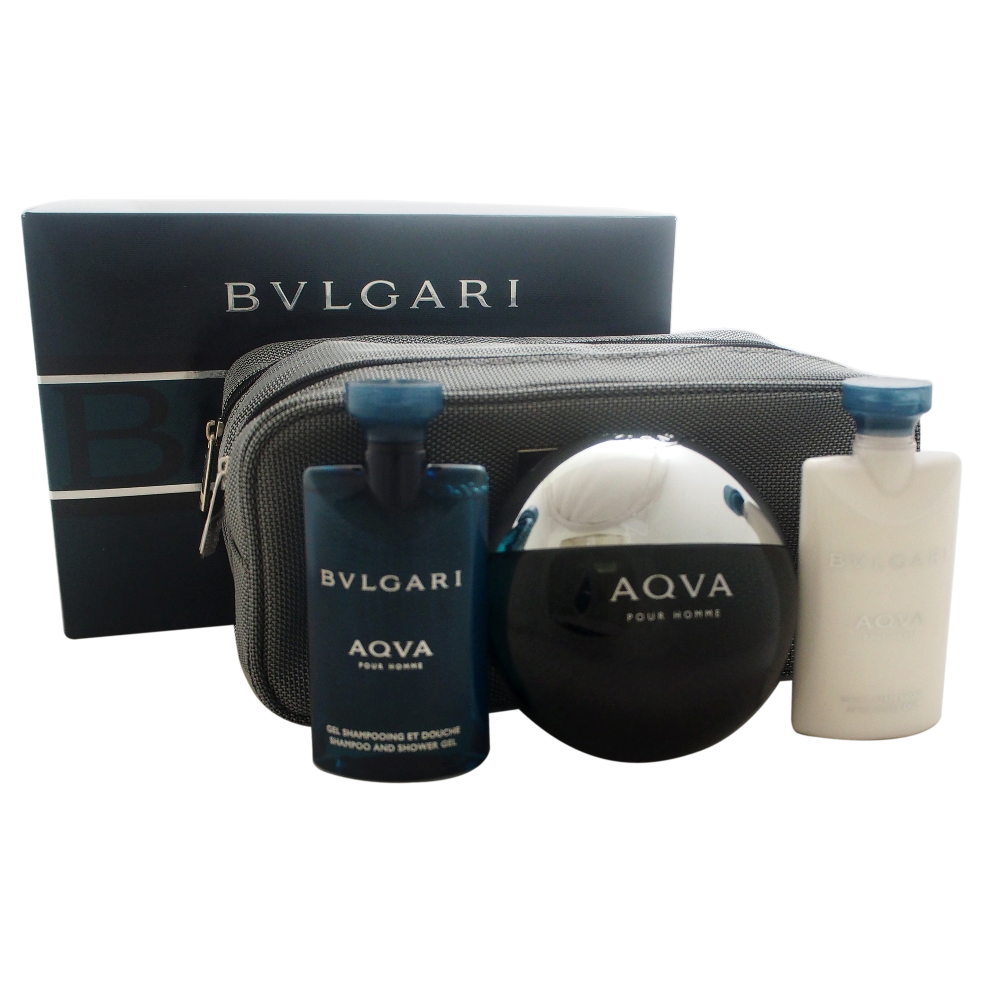 Bvlgari Aqva by  for Men - 4 Pc Gift Set 3.4oz EDT Spray, 2.5oz After Shave Balm, 2.5oz Shampoo & Shower Gel, Pouch
