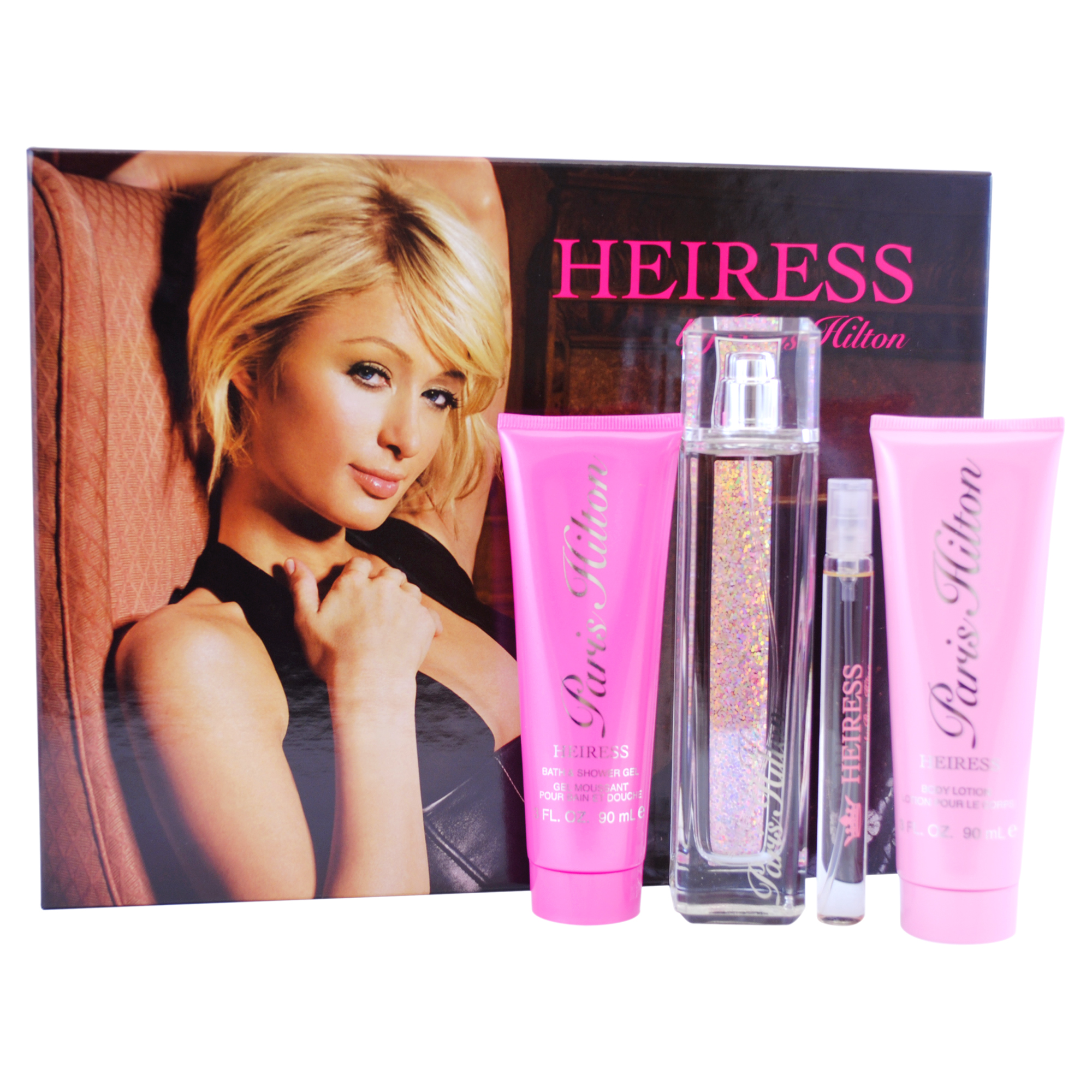 Heiress by Paris Hilton for Women - 4 Pc Gift Set 3.4oz EDP Spray, 0.34oz EDP Spray, 3oz Body Lotion, 3oz Bath & Shower Gel