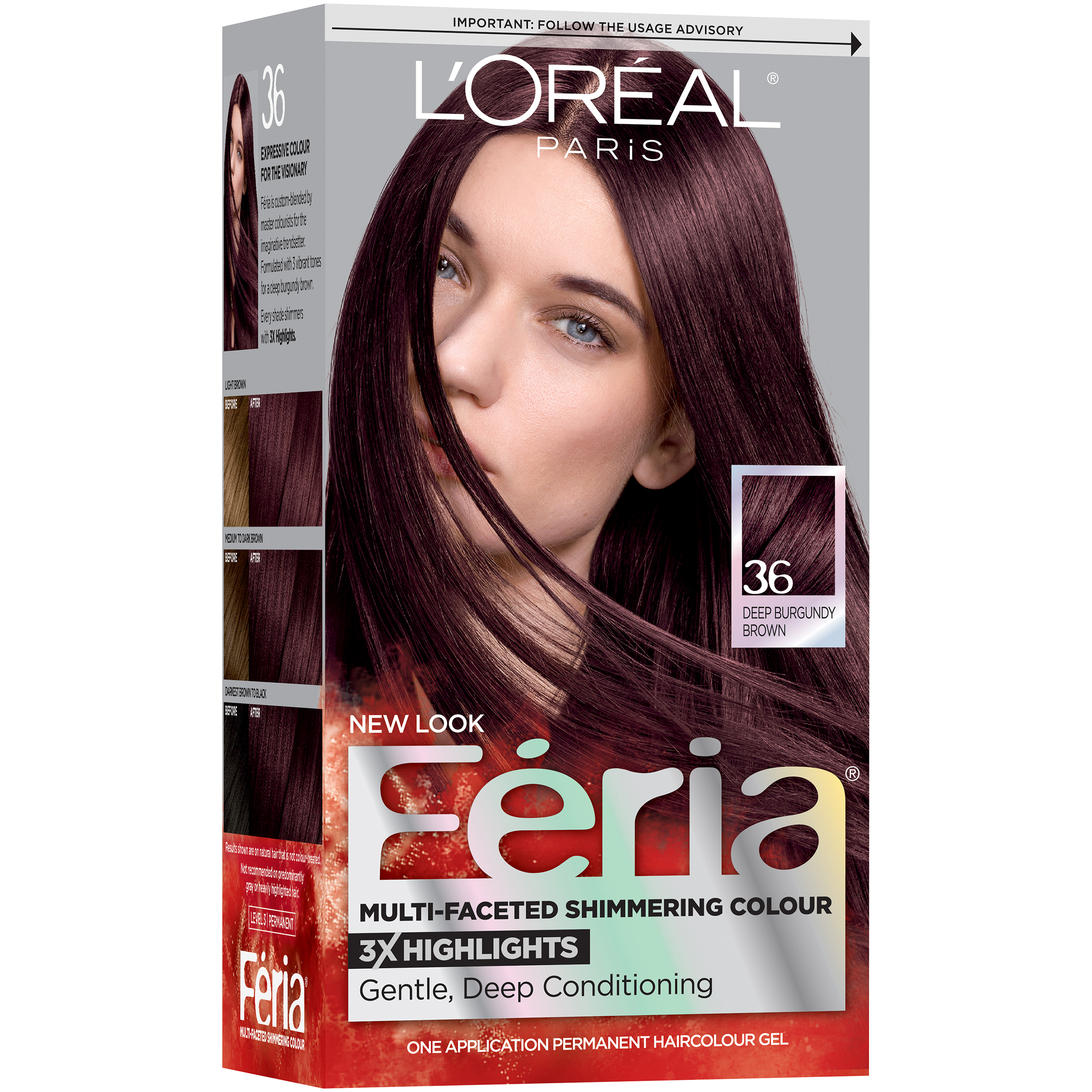 L'Oreal Feria Multi-Faceted Shimmering Colour Deep Burgundy Brown 36 Hair Color 1 Ct Box