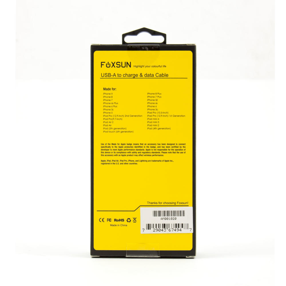 foxsun Lightning Cable 6.6 FT/2M Nylon Braided for iPhone 7/7Plus/6/6Plus/6S/6S Plus/5/5S/5C/SE, iPad Pro/Air/Mini (Gold)