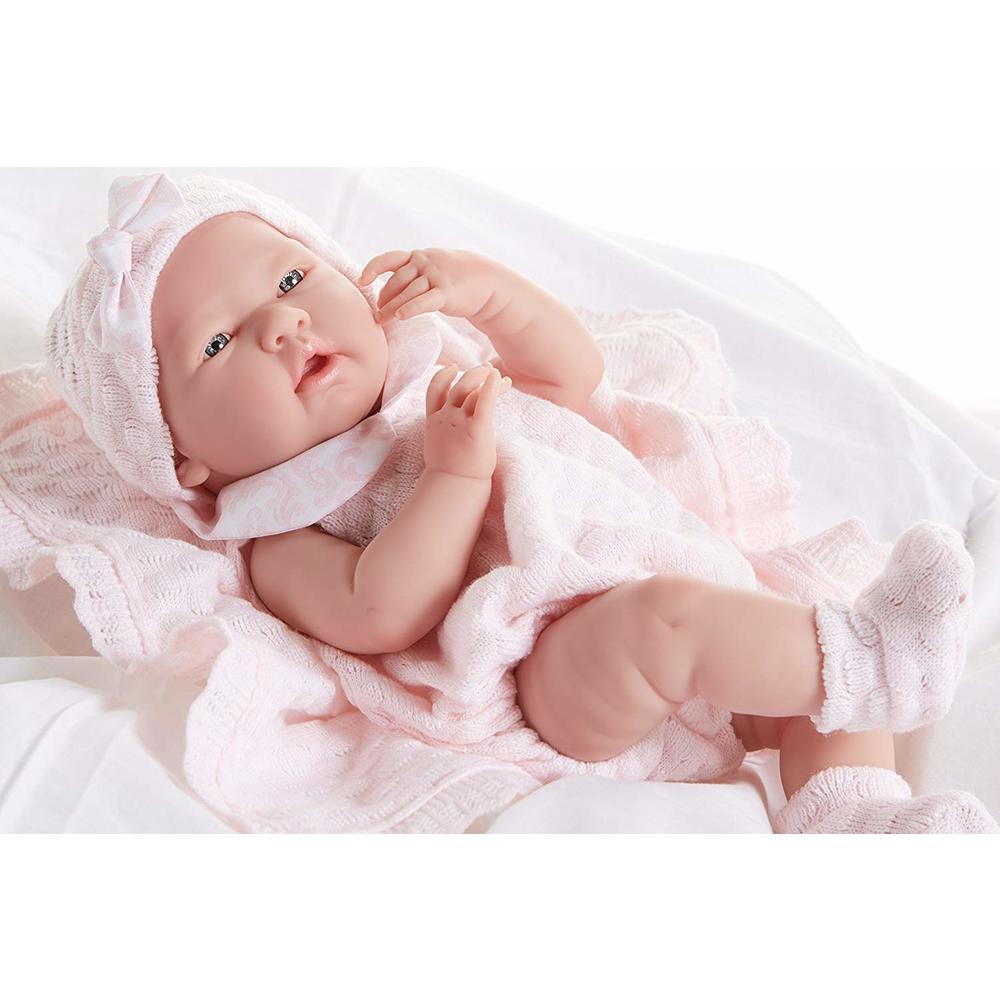 JC Toys La Newborn Real Girl Baby Doll 15" All-Vinyl in Pink knit outfit w/blanket