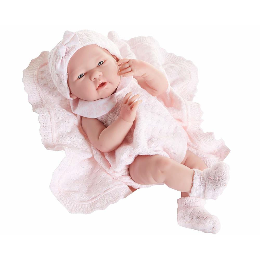 JC Toys La Newborn Real Girl Baby Doll 15" All-Vinyl in Pink knit outfit w/blanket