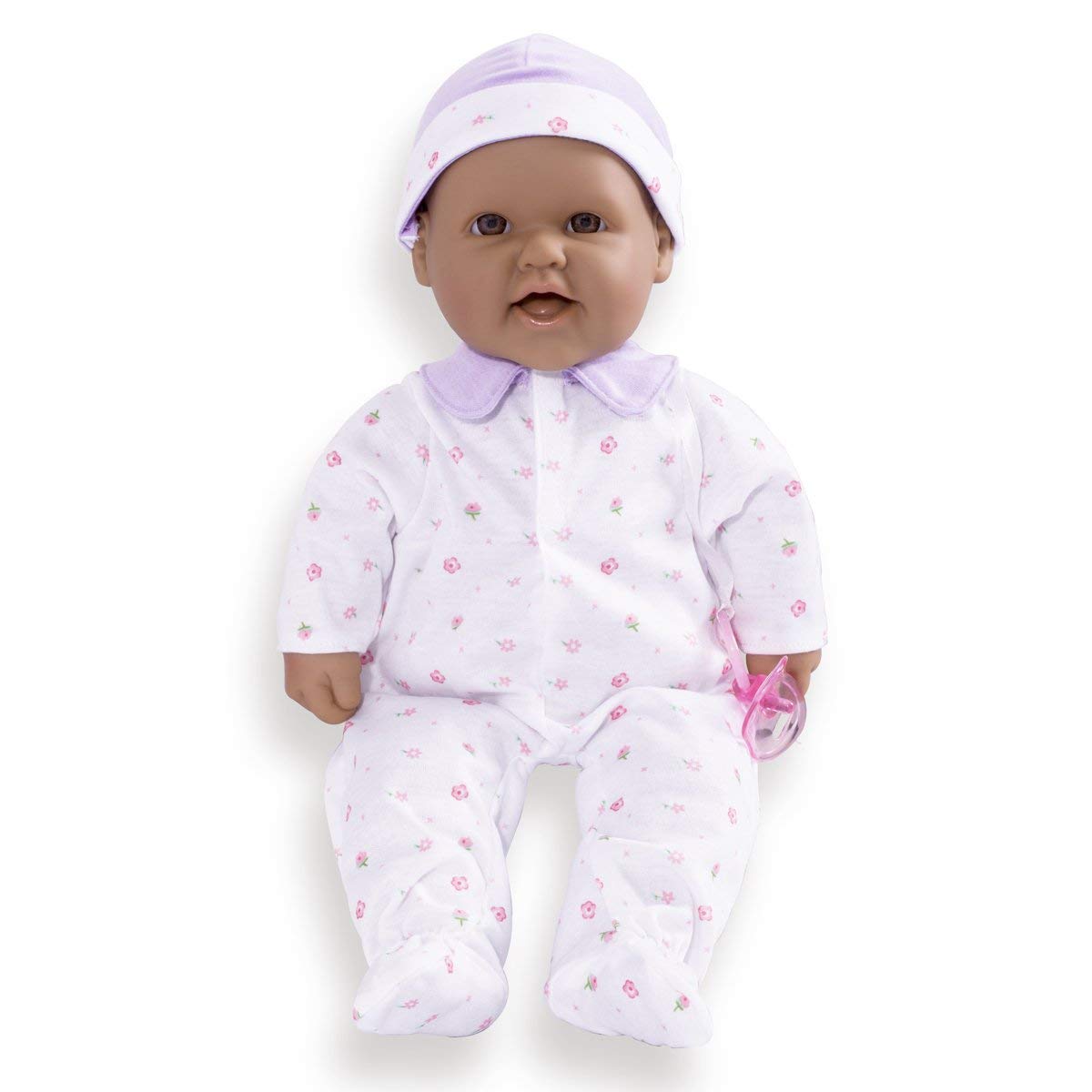 JC Toys La Baby Soft Body Hispanic Baby Doll 16" in Purple baby outfit w/Pacifier