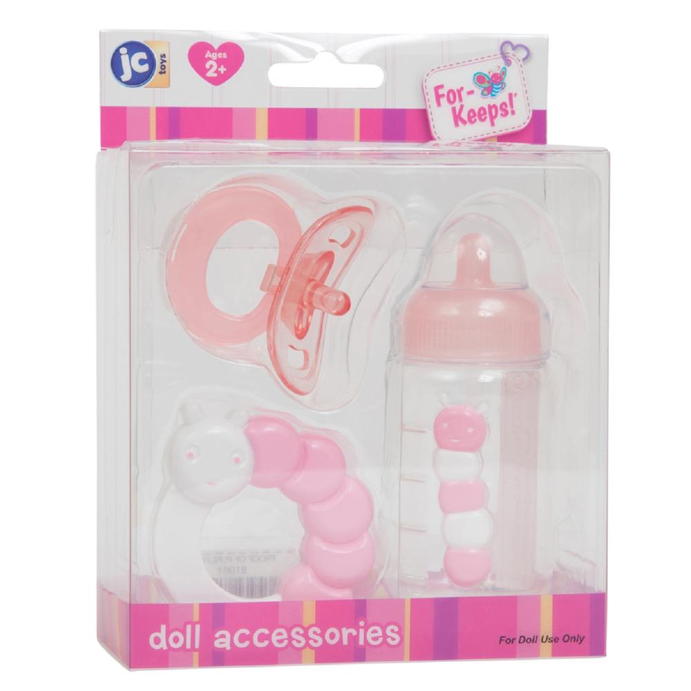 JC Toys For Keeps! PINK Bottle Rattle and Pacifier Accessory Gift Set 3-Pieces