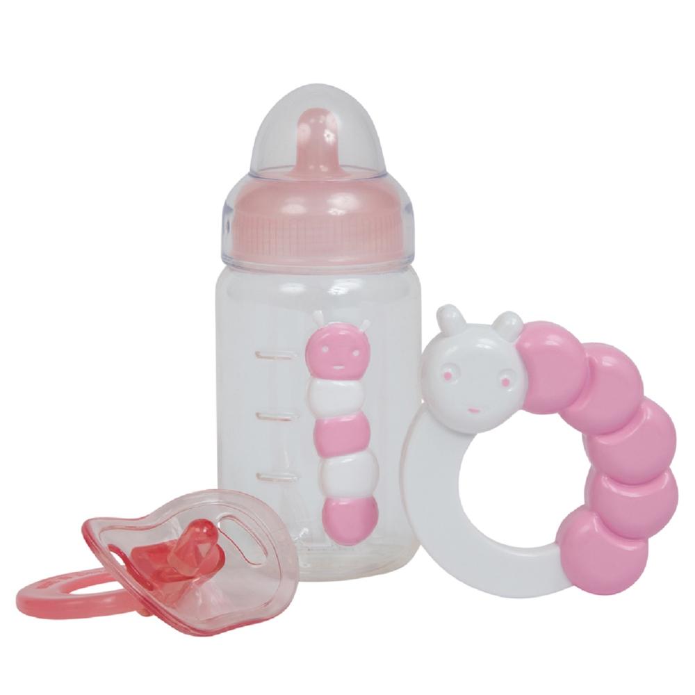 JC Toys For Keeps! PINK Bottle Rattle and Pacifier Accessory Gift Set 3-Pieces