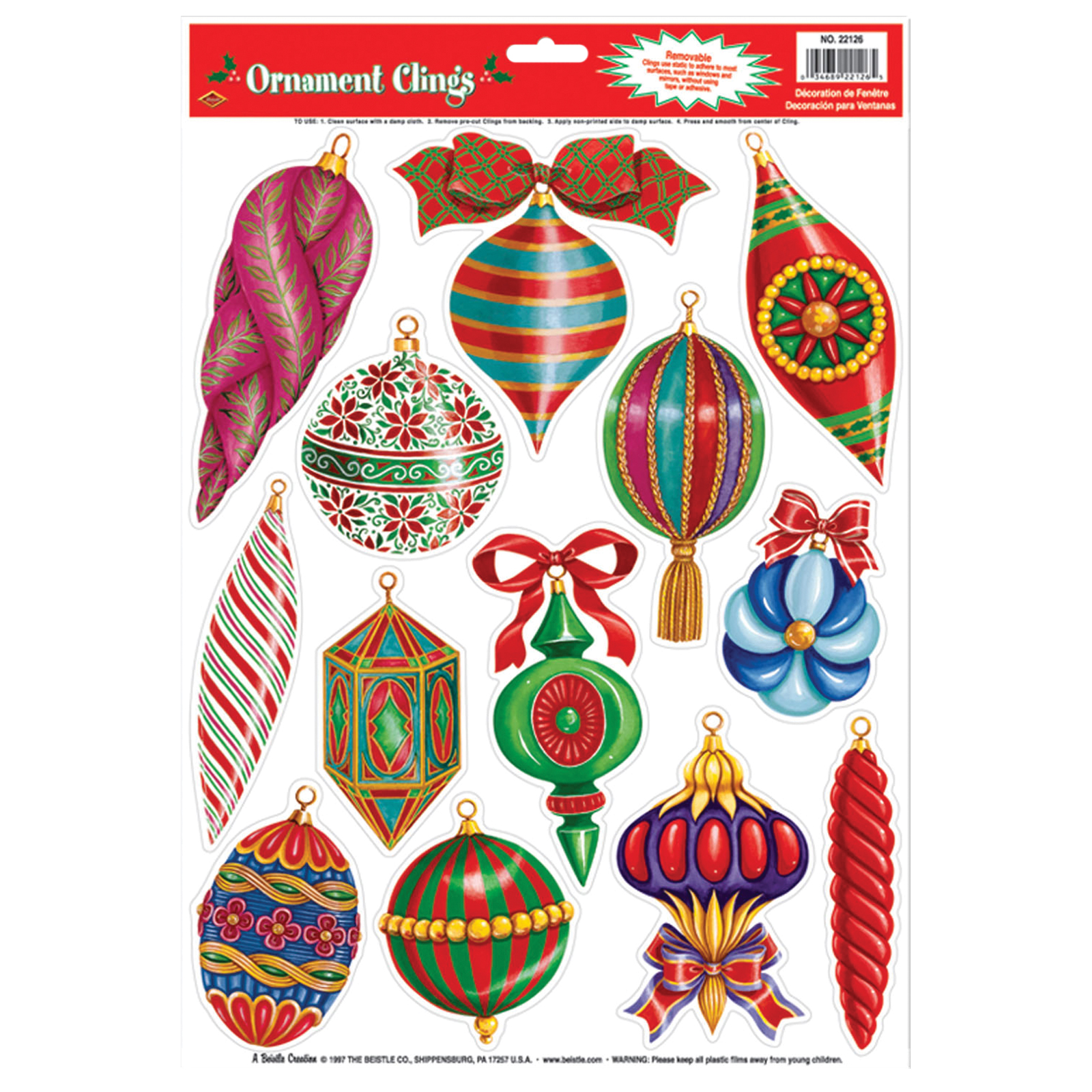 13 ct. Christmas Ornament Static Cling Decals