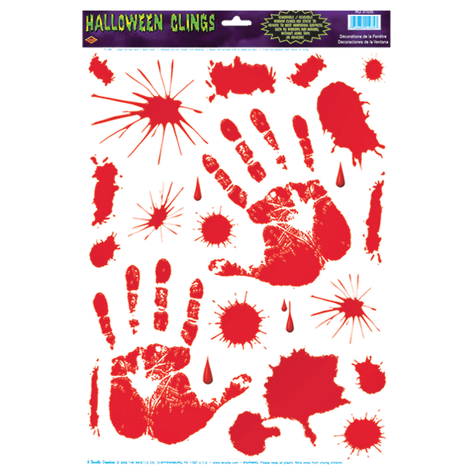 22 ct.  Bloody Handprint Static Cling Decals