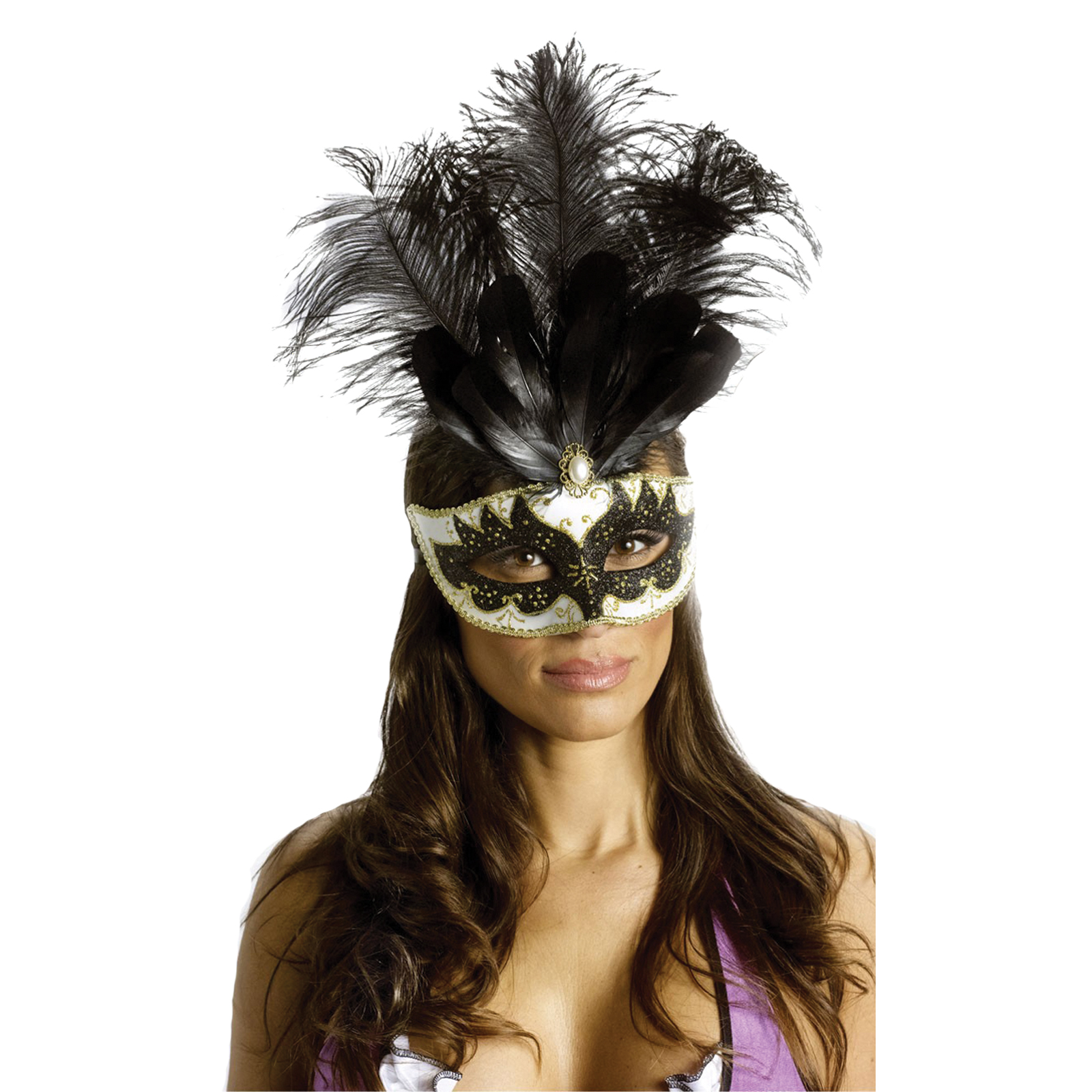 Carnival Mask Big Feather Black/Gold Costume Accessory