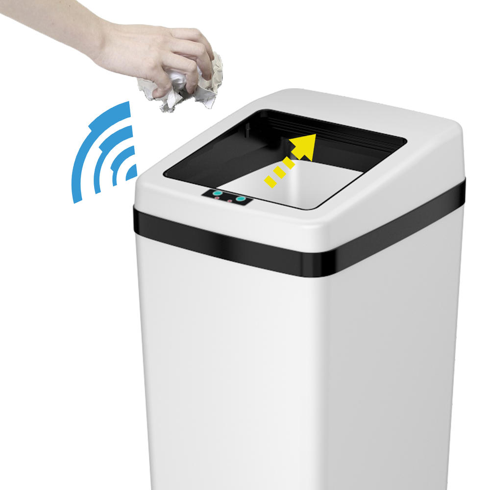 ITOUCHLESS  14 Gallon White Steel Automatic Sensor Touchless Trash Can with Space Saving Lid